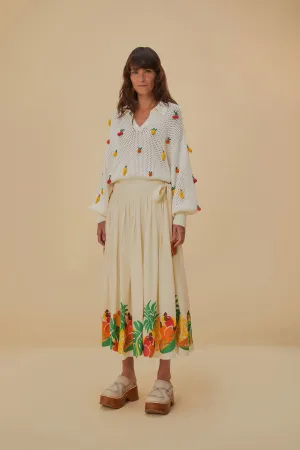 Linen Cotton Mix Print Mix Embroidered Fruits Side Bow Midi Skirt