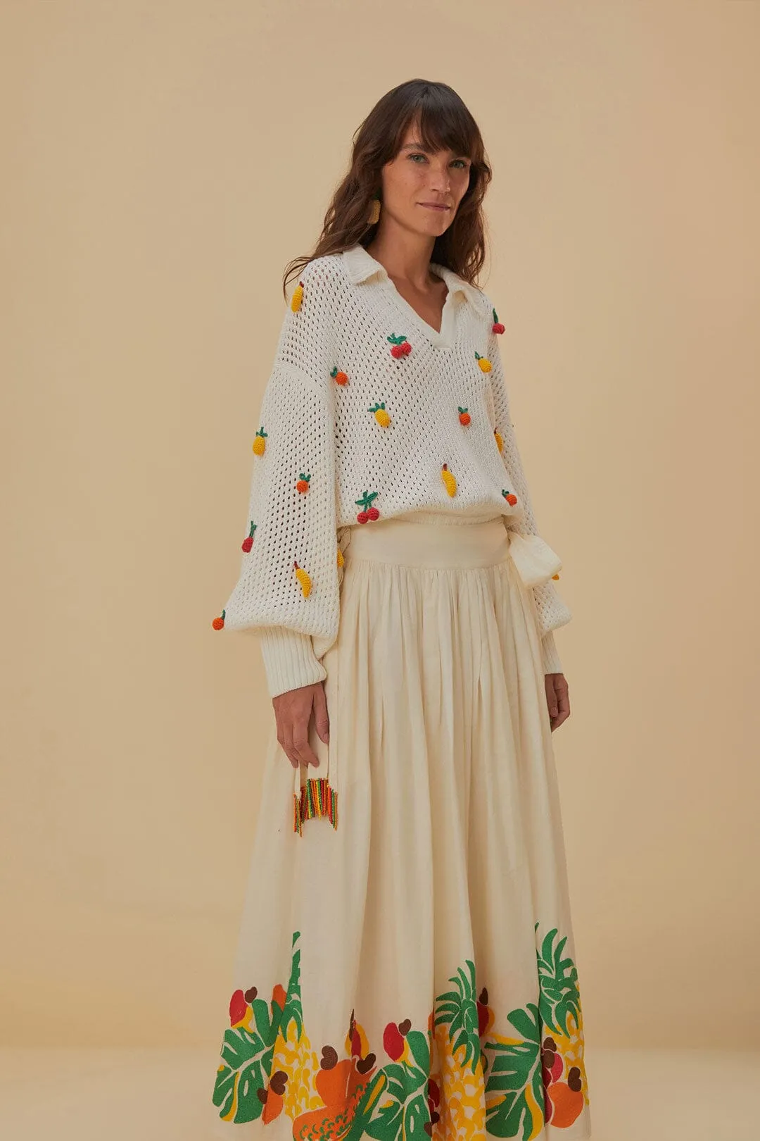 Fold Over Design Embroidered Fruits Side Bow Midi Skirt