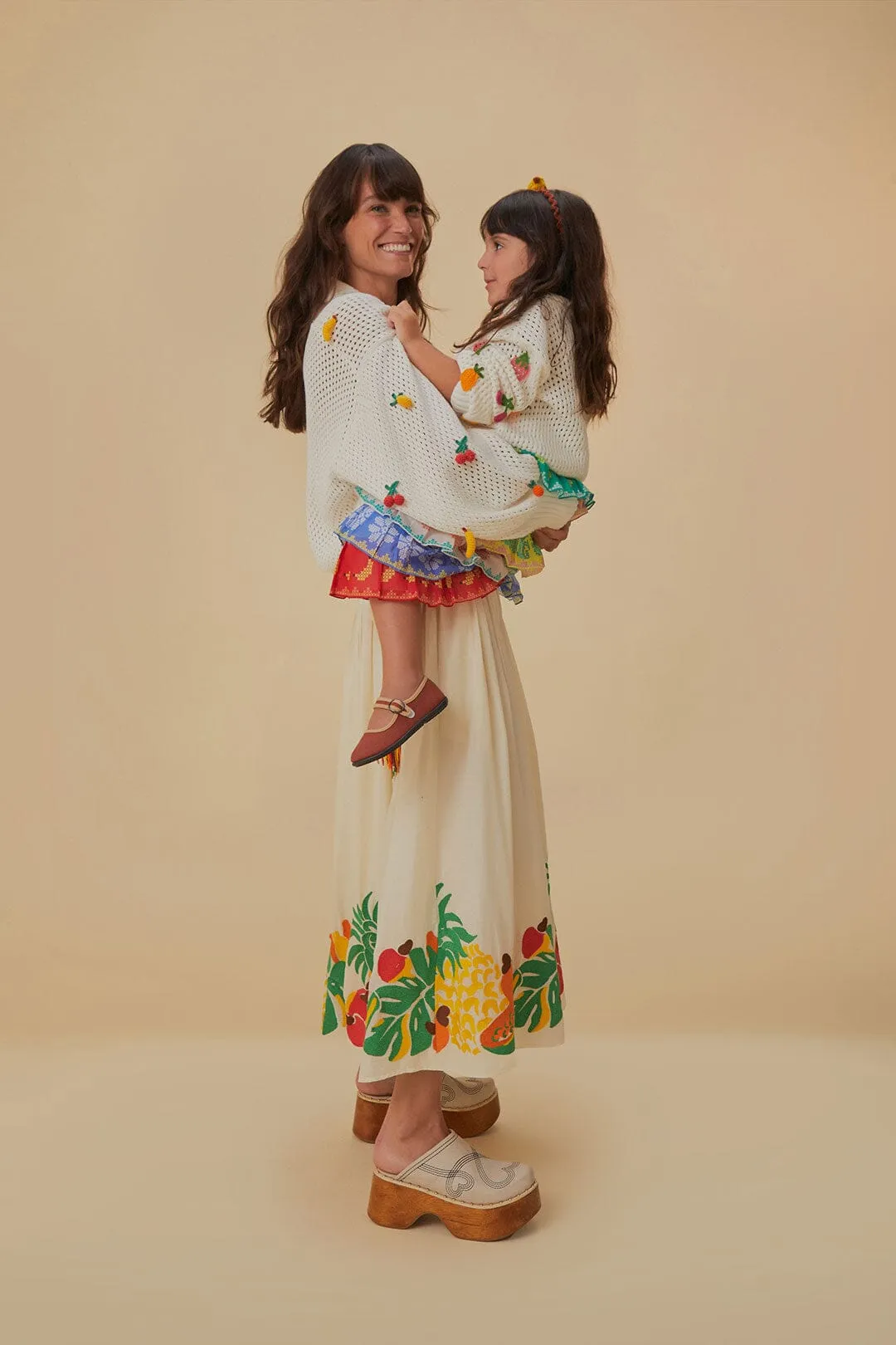 Reinforced Hemline Embroidered Fruits Side Bow Midi Skirt