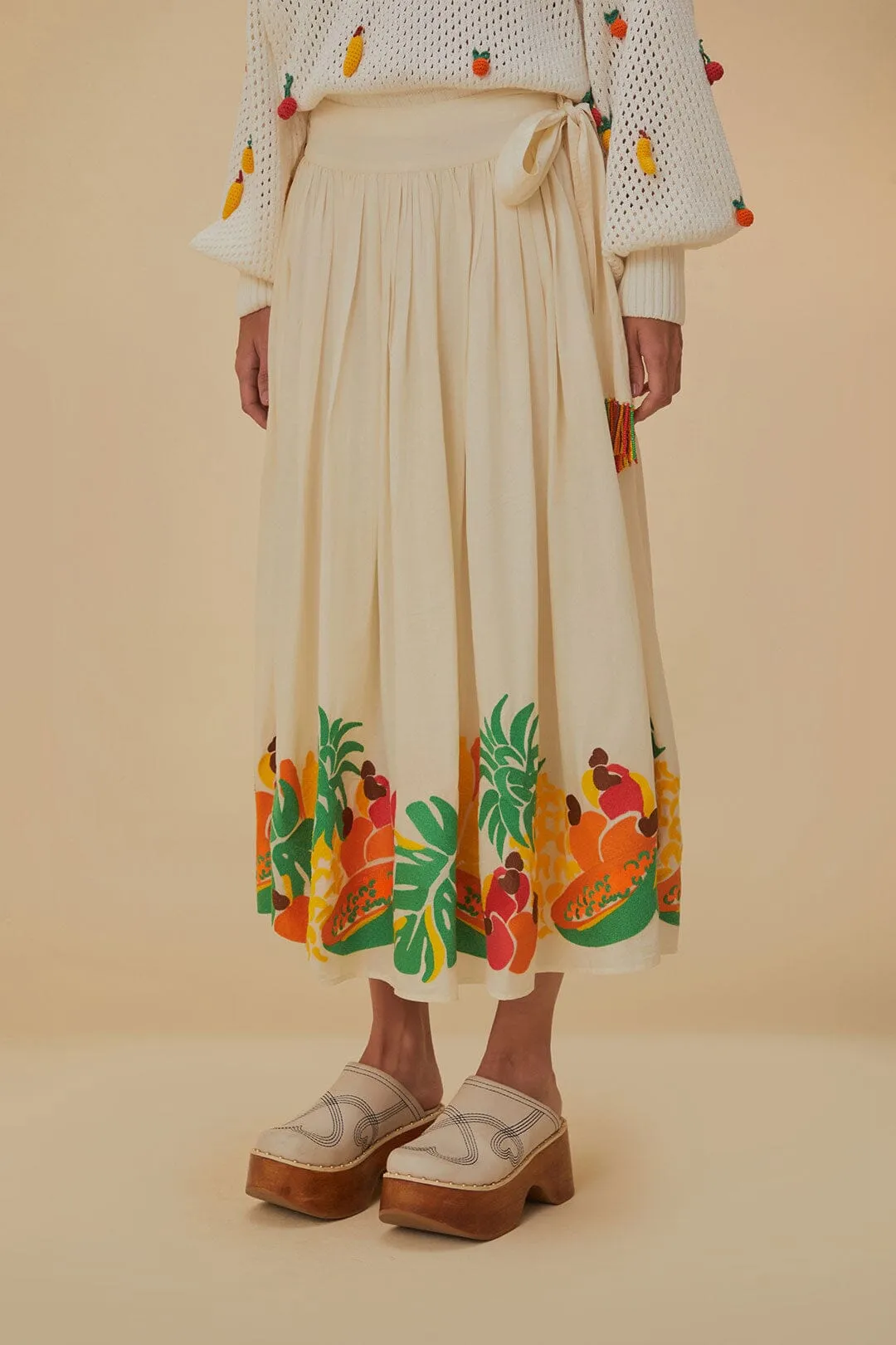 Embroidered Fruits Side Bow Midi Skirt Opaque finish