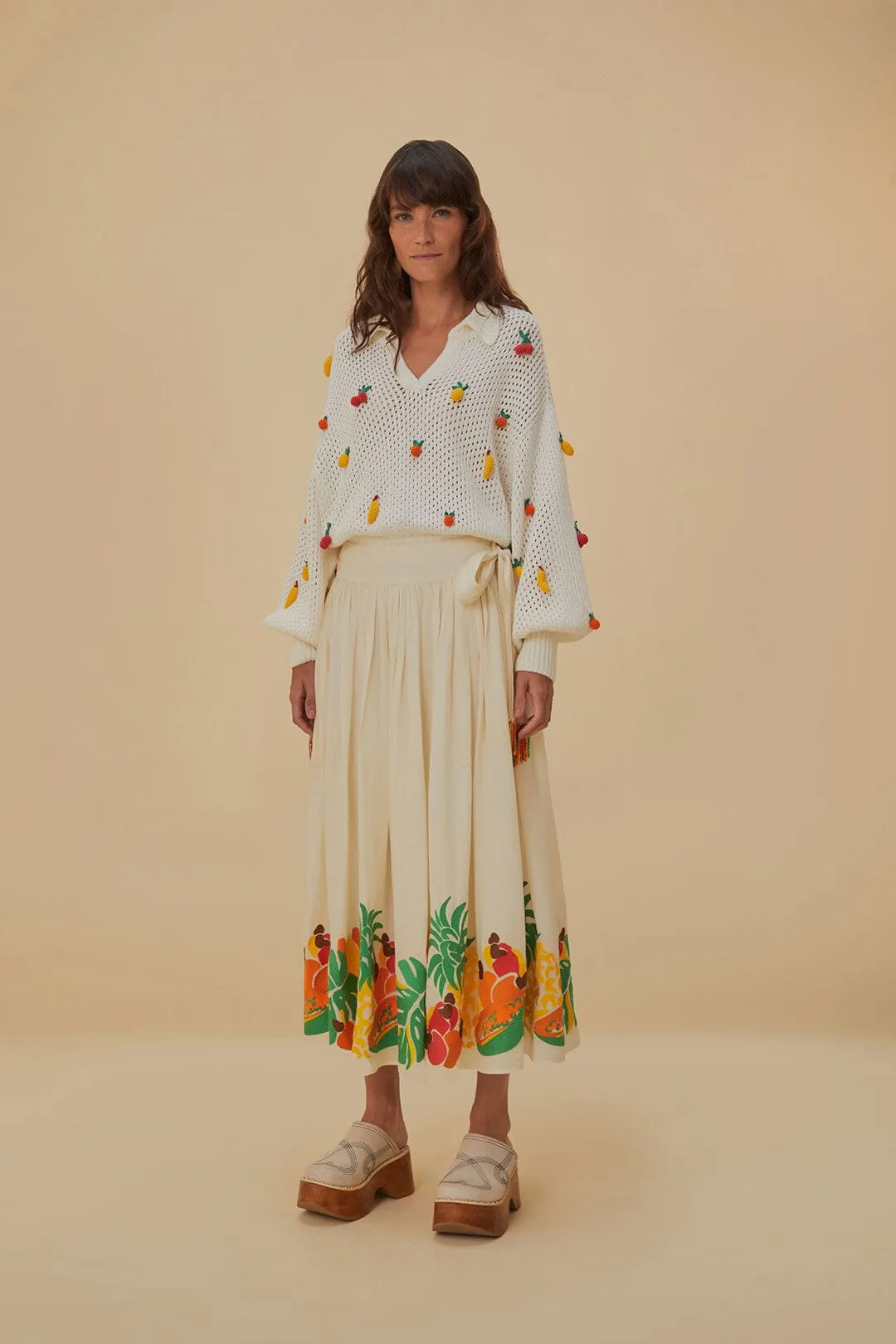 Linen Cotton Mix Print Mix Embroidered Fruits Side Bow Midi Skirt