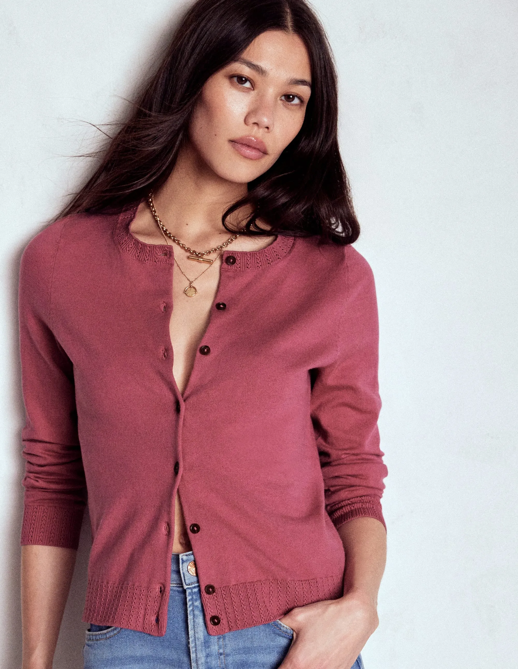 Pure Shape Emilia Cotton Crew Cardigan-Pink Heather