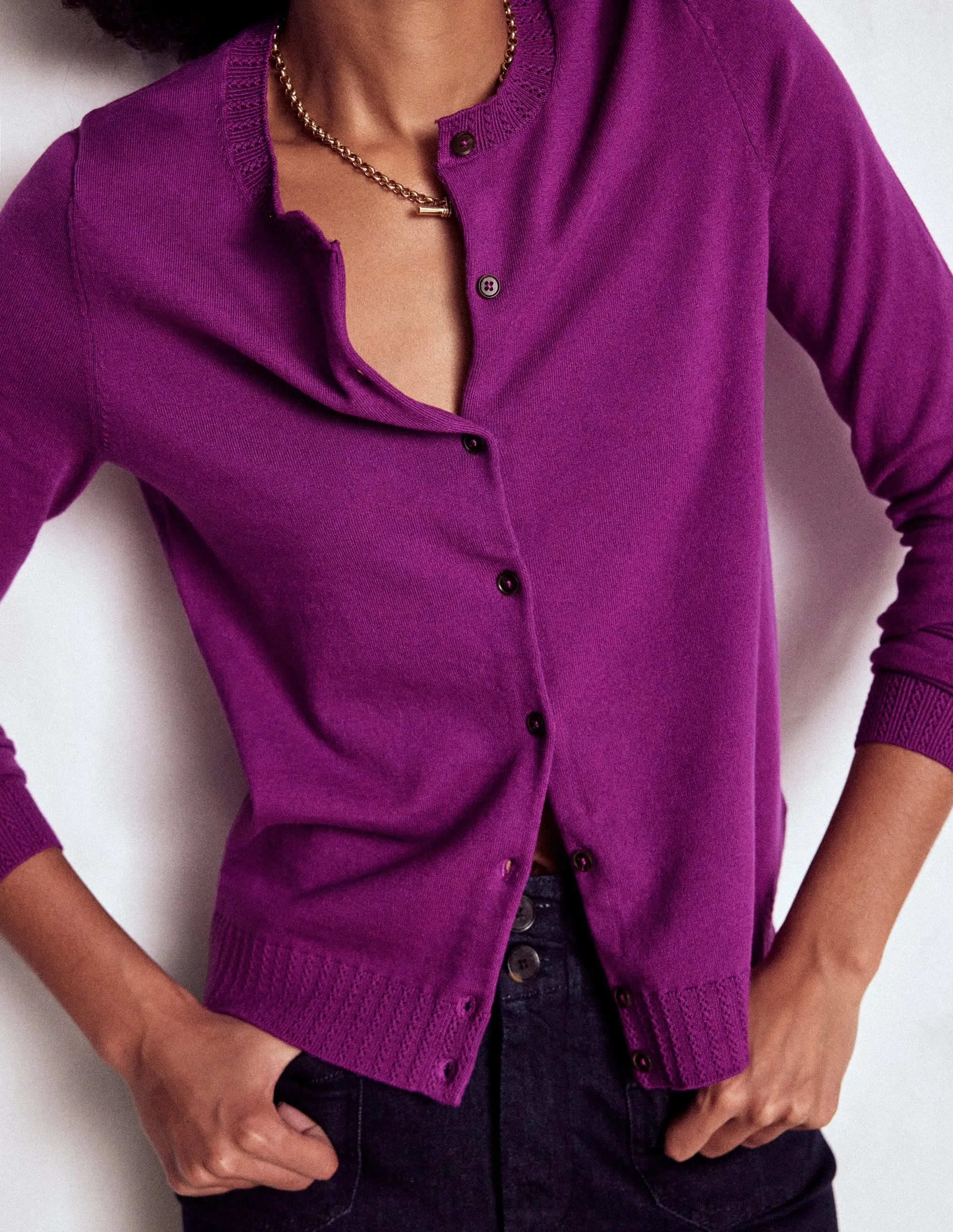 Emilia Cotton Crew Cardigan-Regal Purple Fashion Fit Diagonal Pocket Placement