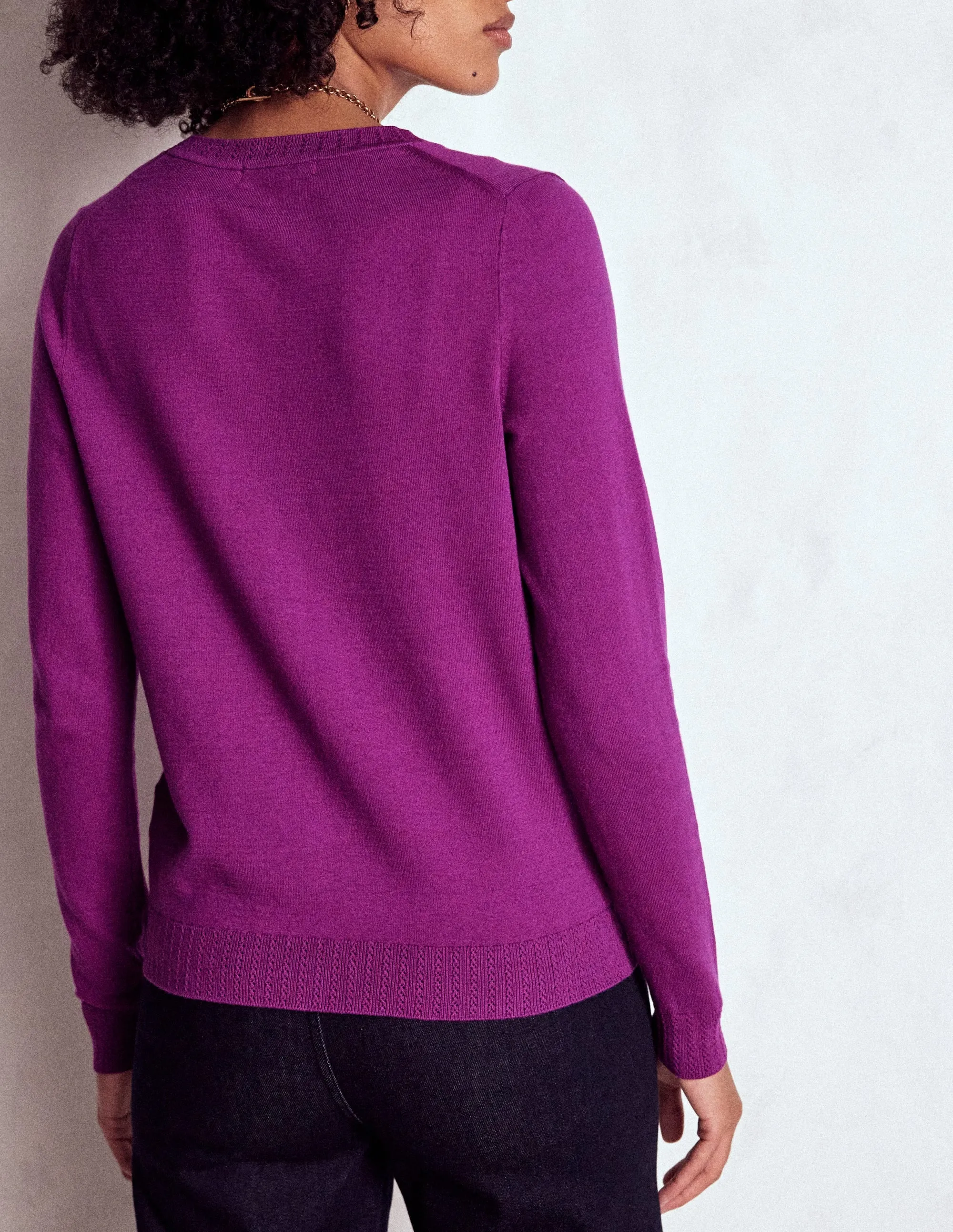 Emilia Cotton Crew Cardigan-Regal Purple YarnDyed Stripes Breathable fabric