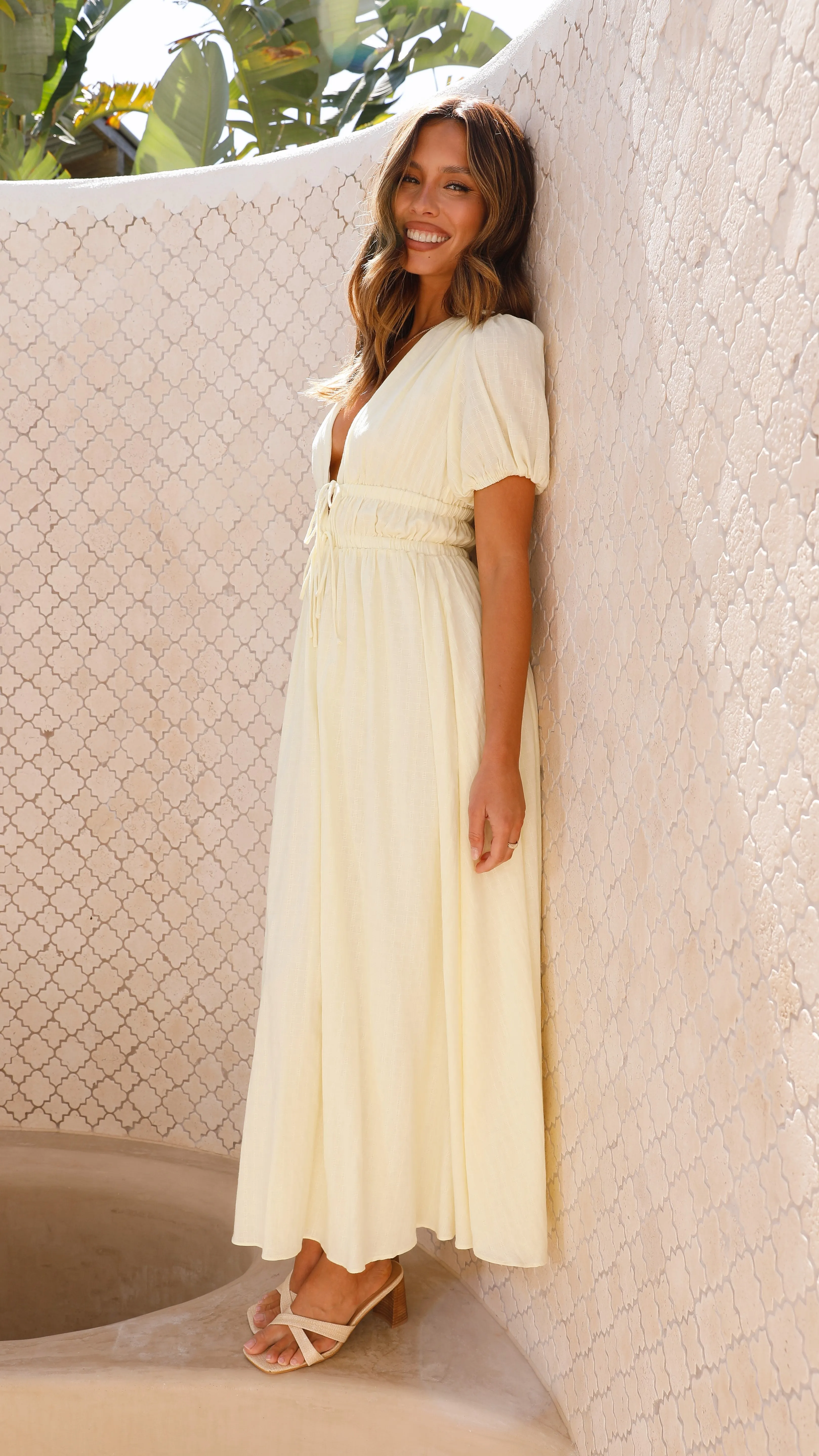 Light Motion Stylish Waistband Design Ena Midi Dress - Yellow