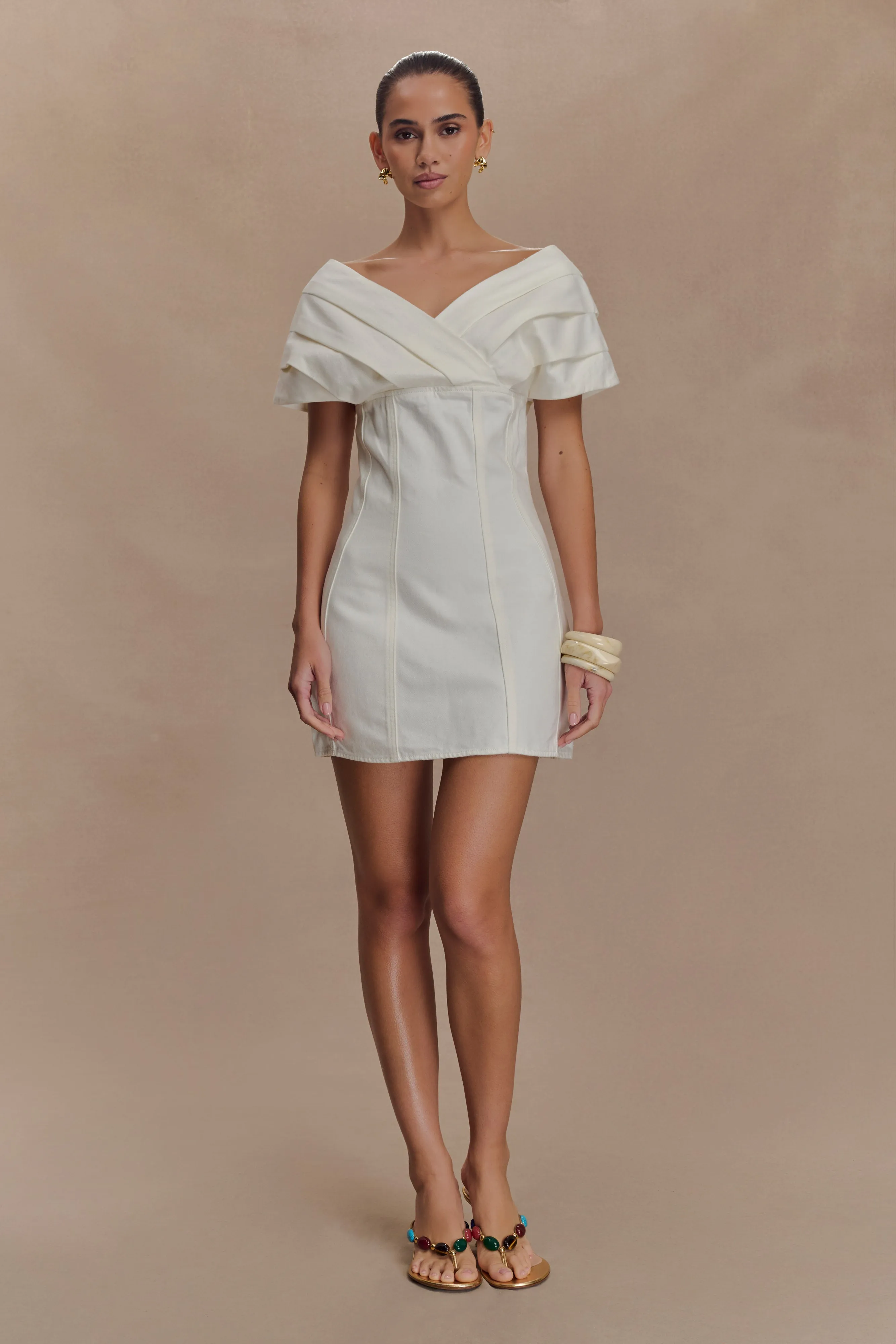 Pascale Off Shoulder Denim Mini Dress - White Petal Zone