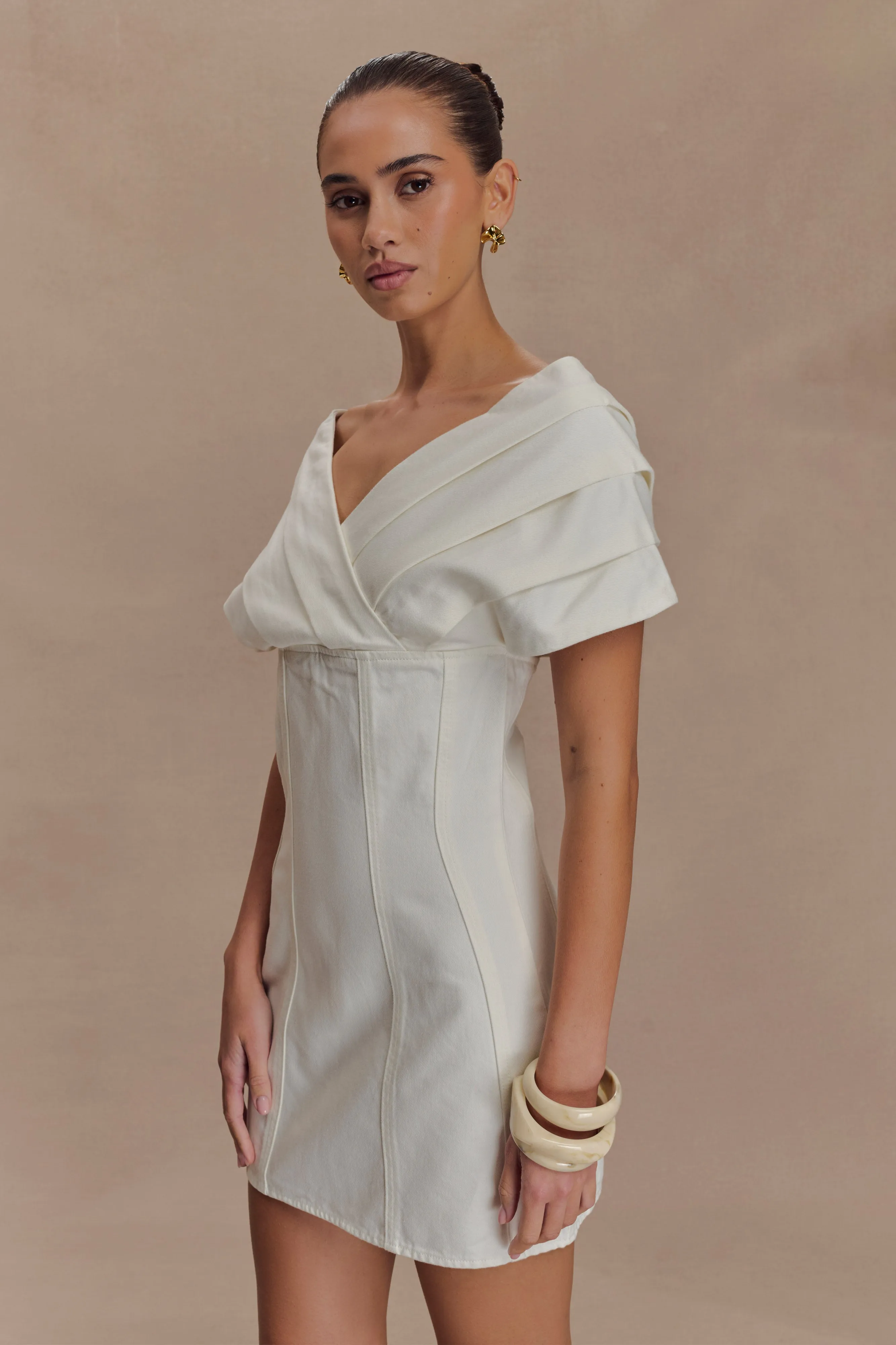 Light Fabrication Perfect Layers Pascale Off Shoulder Denim Mini Dress - White