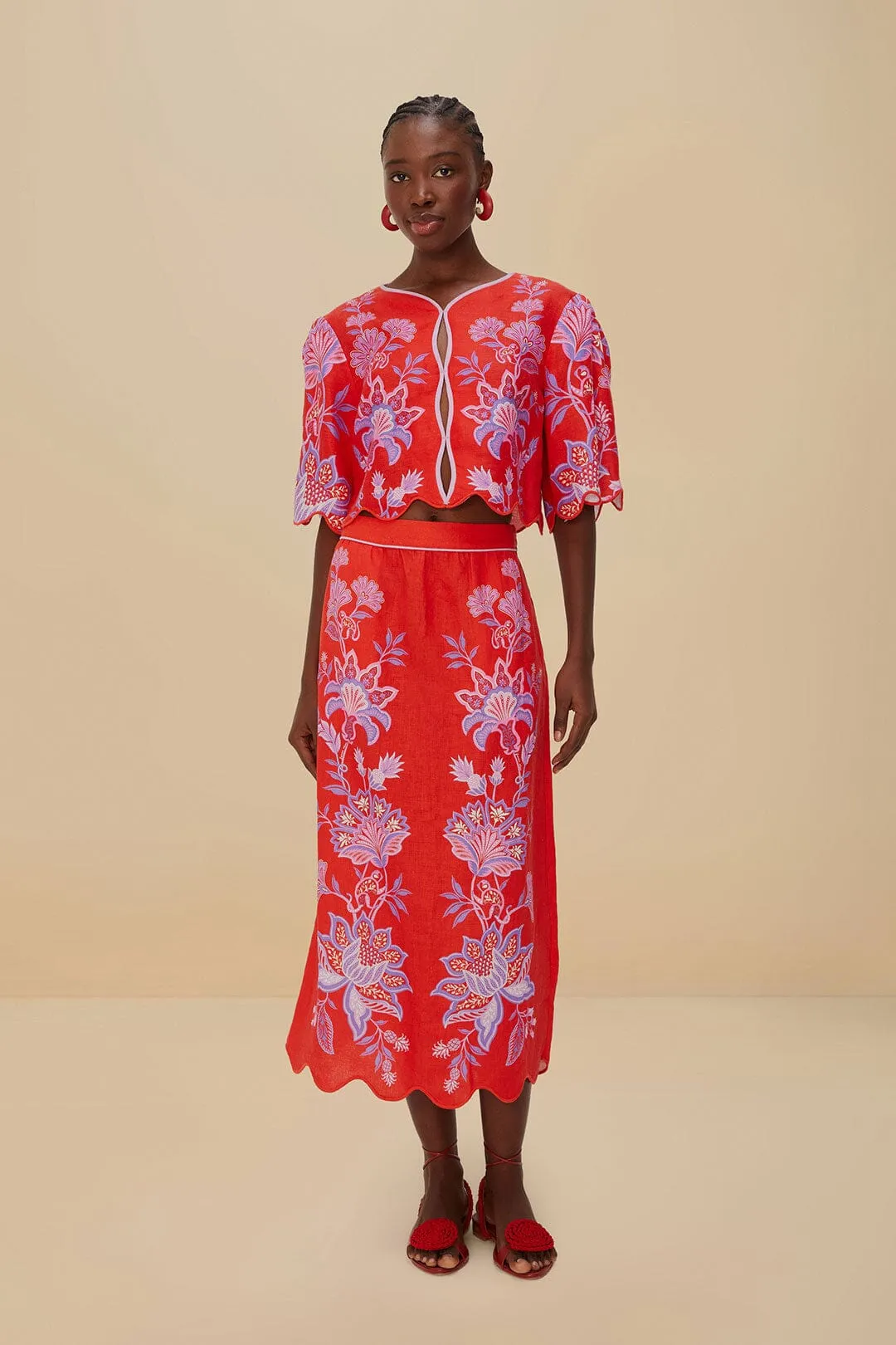 On-The-Go Outfit Airy Look Red Porcelain Garden Euroflax? Premium Linen Midi Skirt