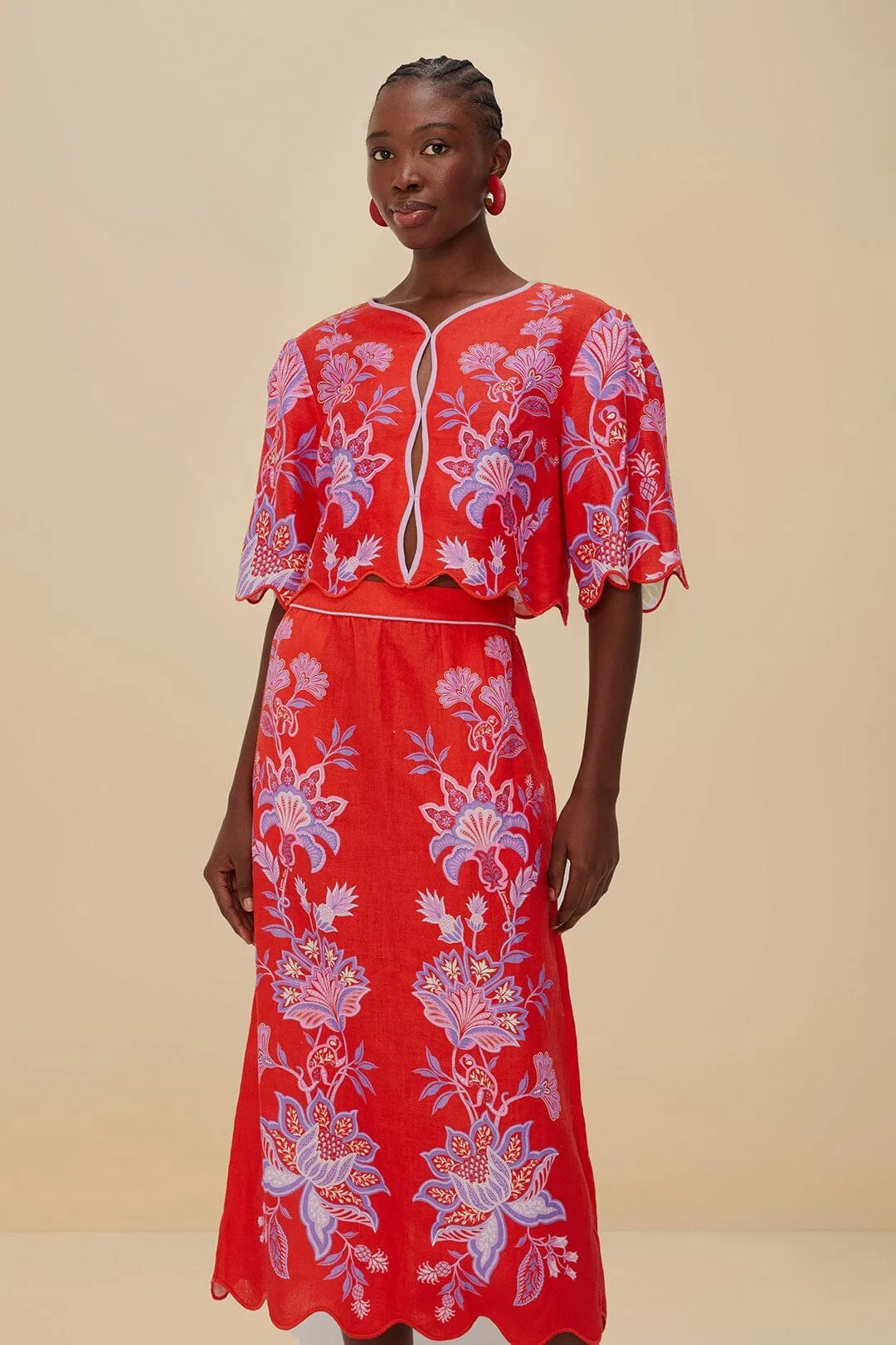 Sophisticated Casual flowy silhouette Red Porcelain Garden Euroflax? Premium Linen Midi Skirt