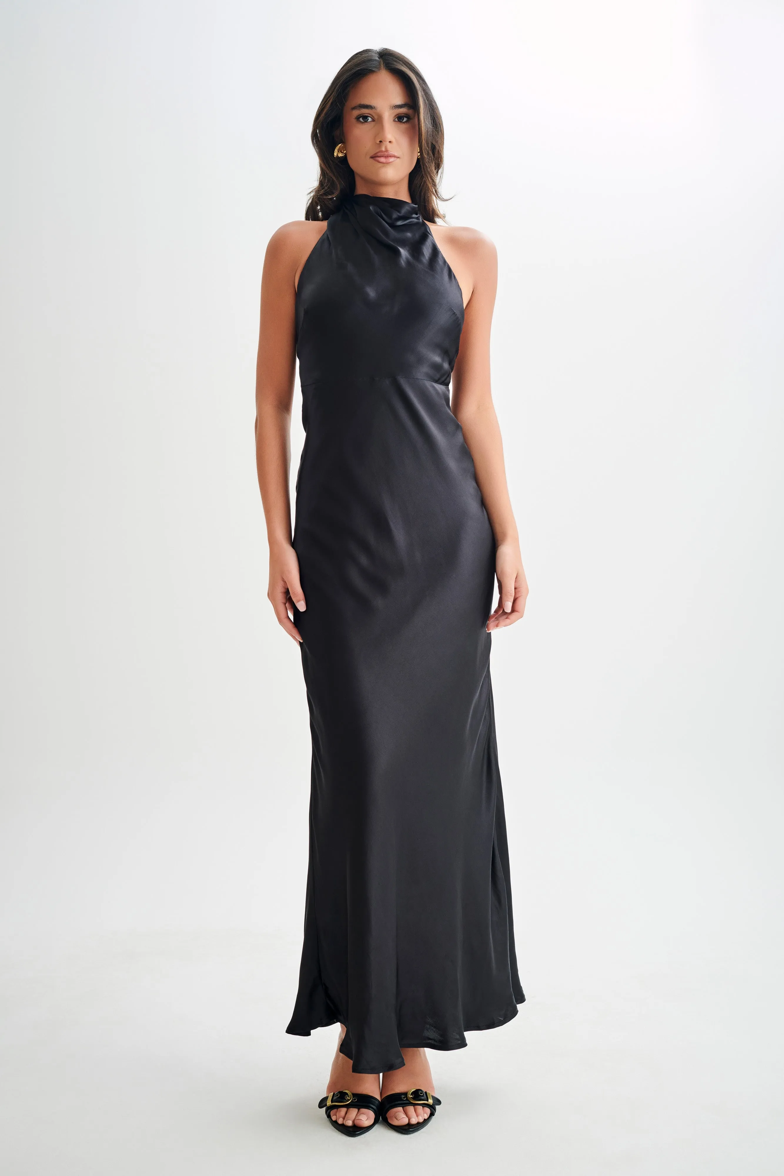 High Neck Esther Iridescent Satin Cowl Maxi Dress - Black