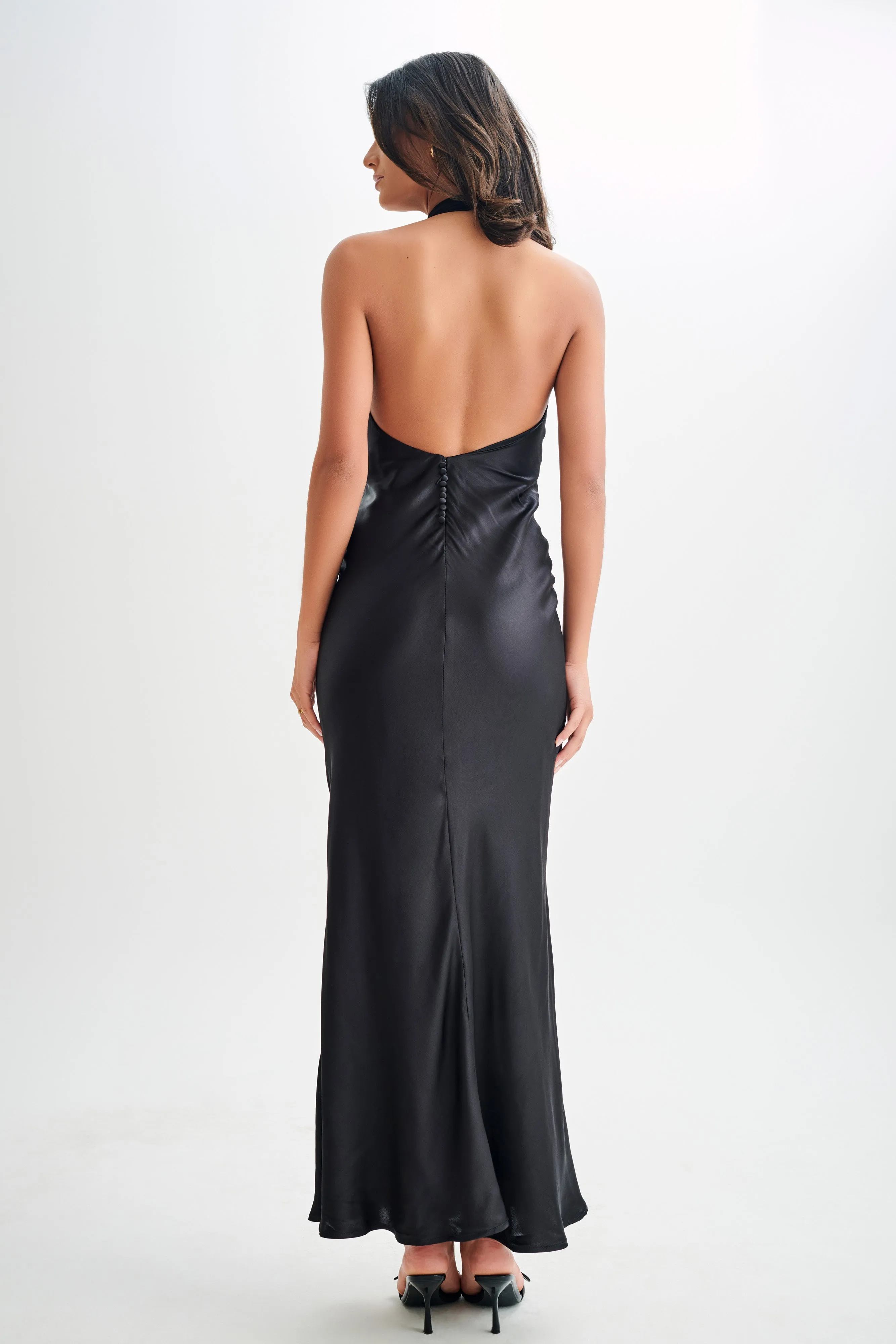 Smart Waist Design Night Mood Esther Iridescent Satin Cowl Maxi Dress - Black