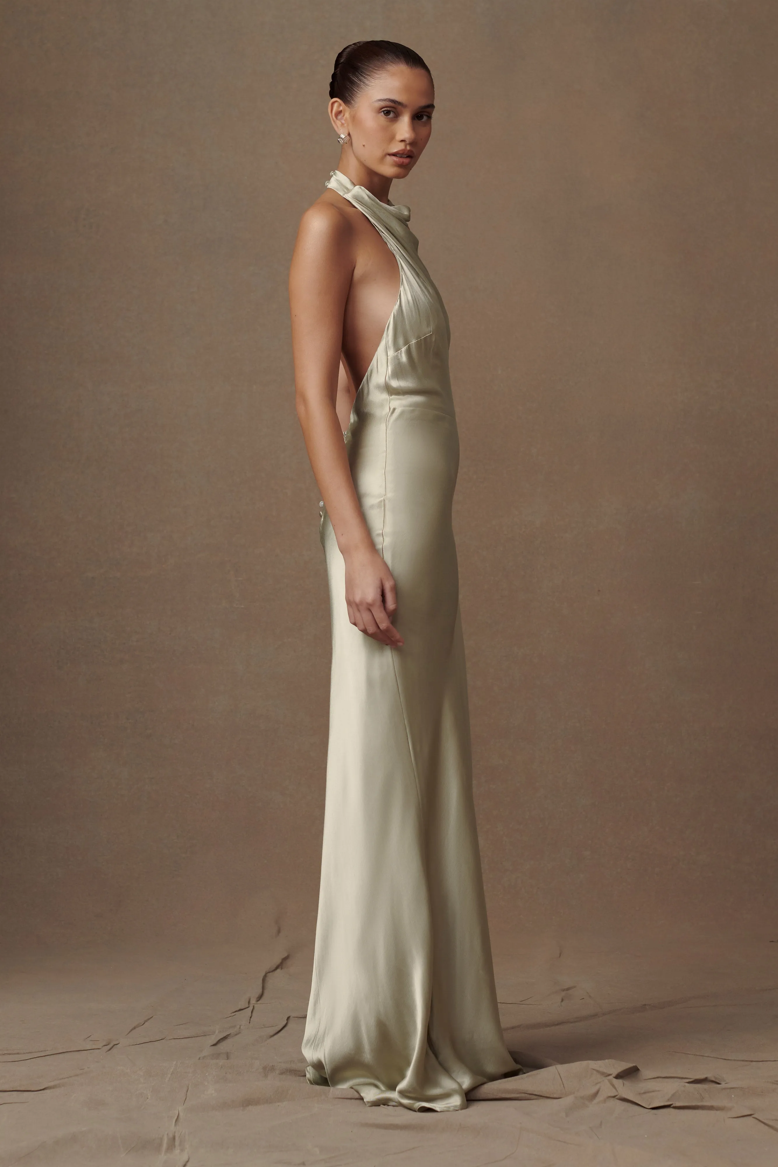 Casual Elegance Retro Mood Esther Iridescent Satin Cowl Maxi Dress - Sage