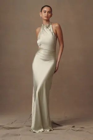 Esther Iridescent Satin Cowl Maxi Dress - Sage Bright Vibe Silky Silhouette