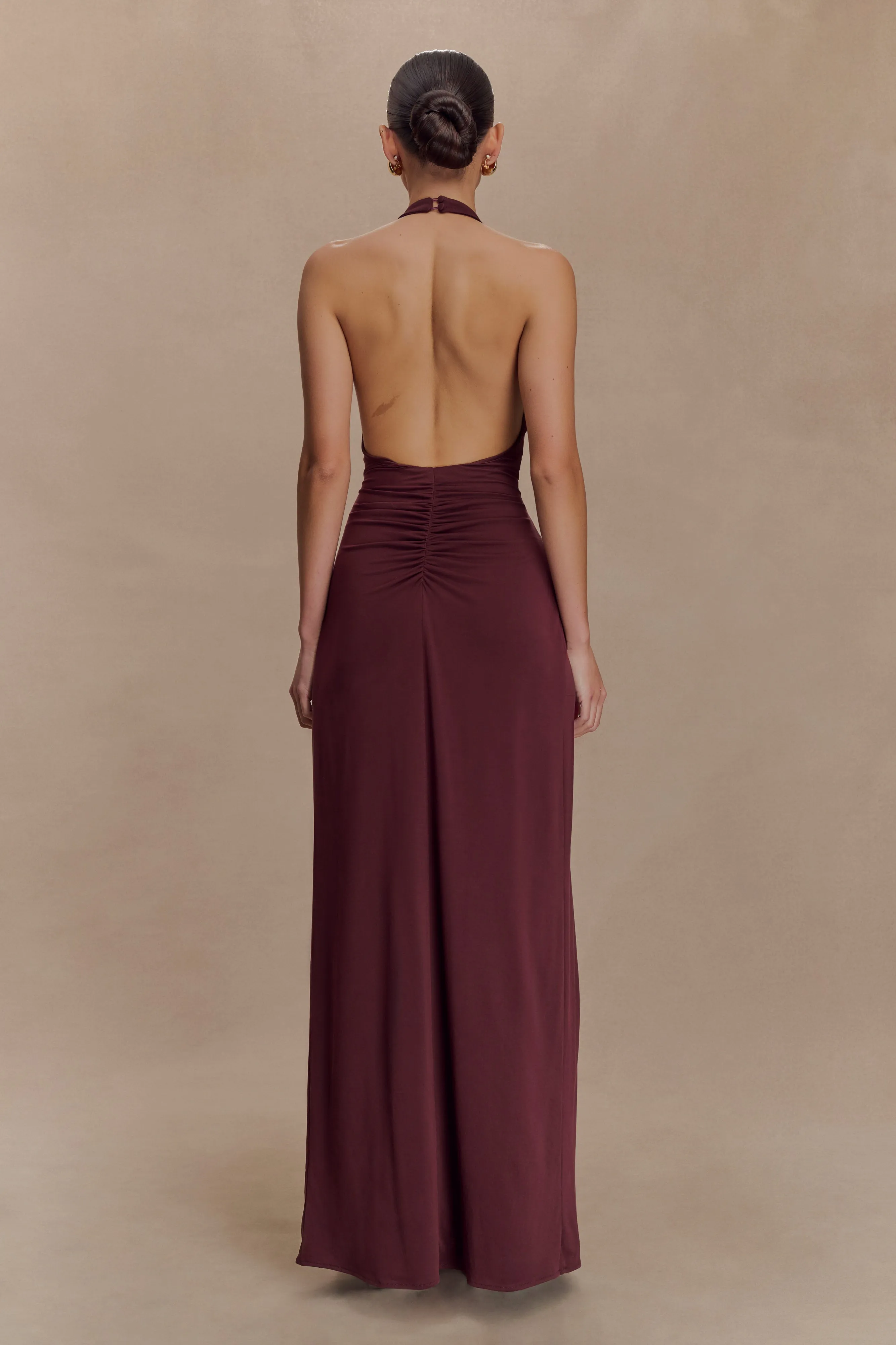 Lower Hem Yelena Ruched Halter Maxi Dress - Mahogany