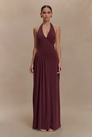 Yelena Ruched Halter Maxi Dress - Mahogany Peach Tone Holiday Wear