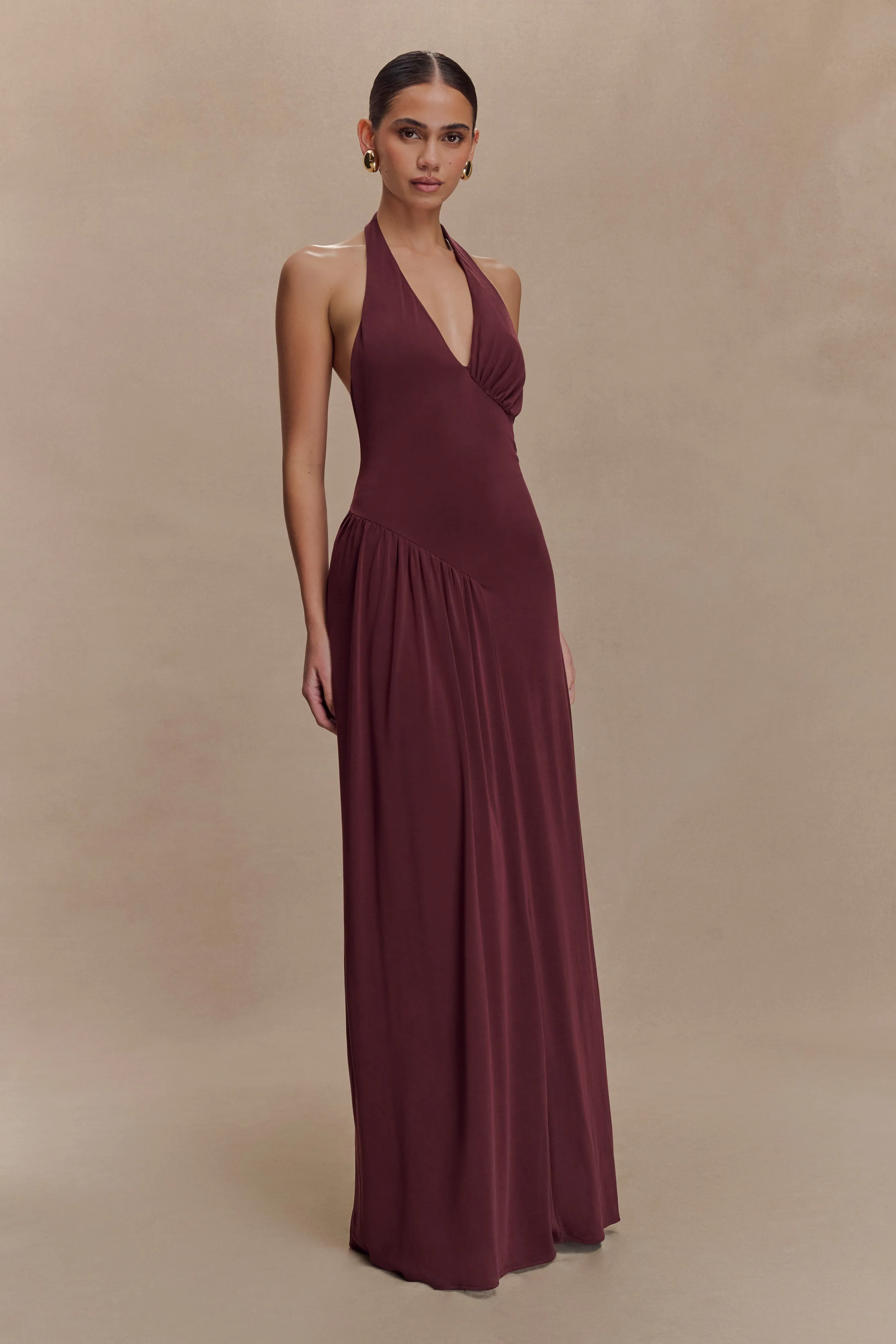Bodycon-Fit Pretty Glow Yelena Ruched Halter Maxi Dress - Mahogany
