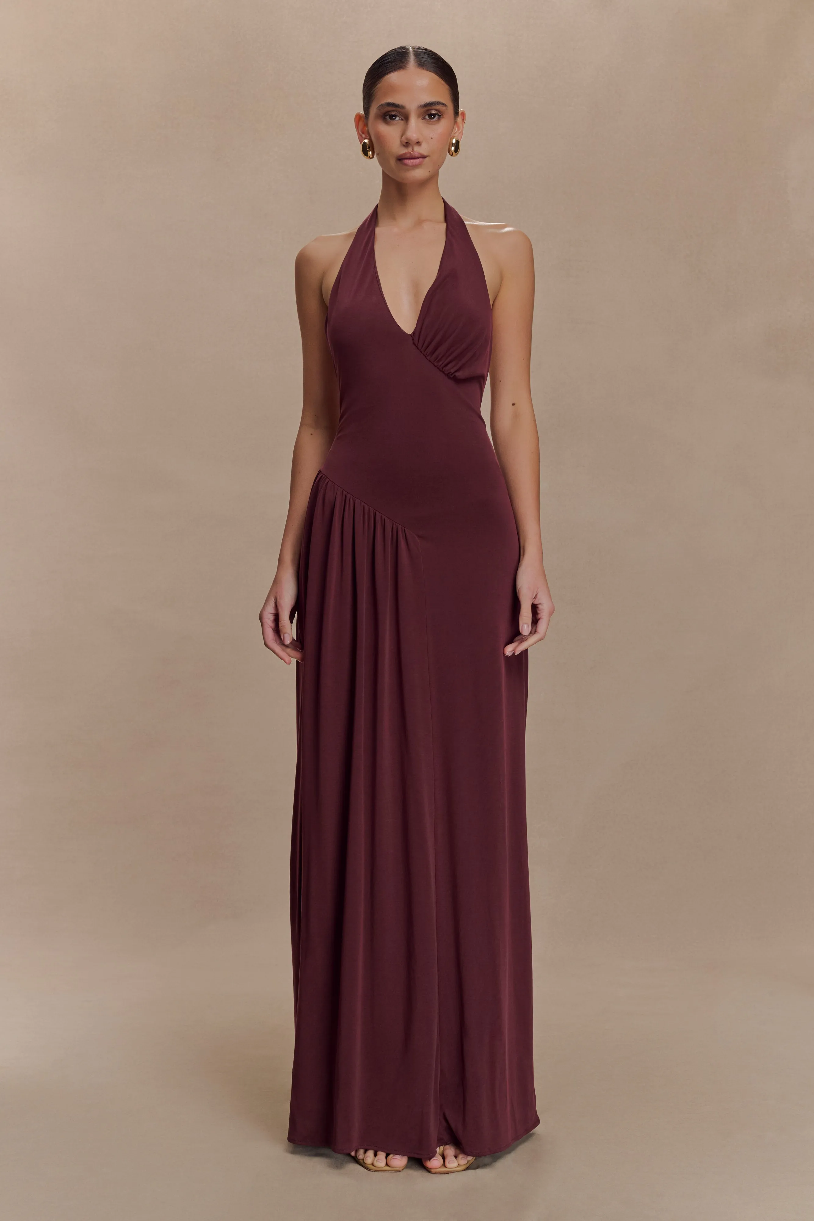 Yelena Ruched Halter Maxi Dress - Mahogany Peach Tone Holiday Wear