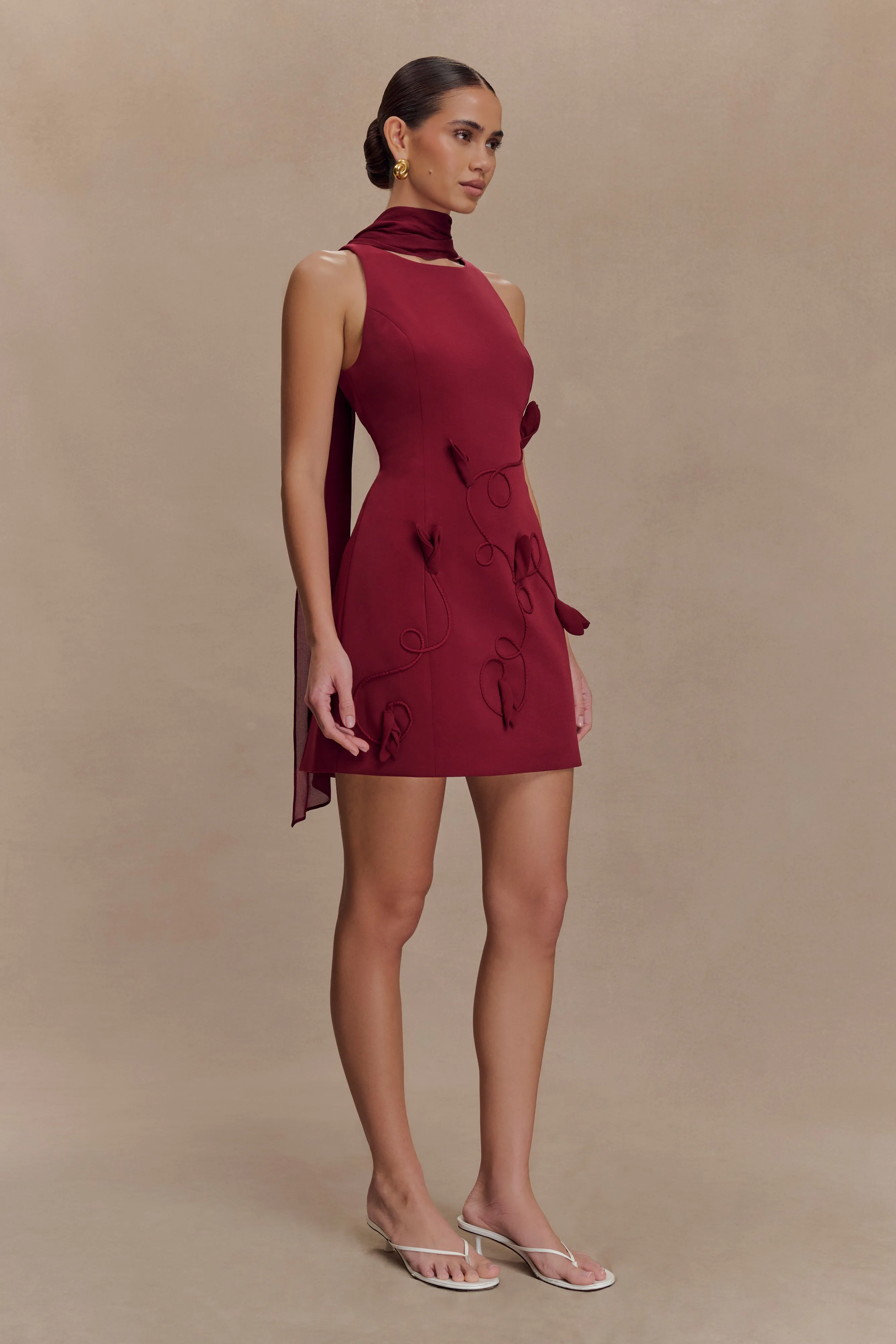 Skyler Suiting Embroidered Mini Dress - Wine Easy Wrap