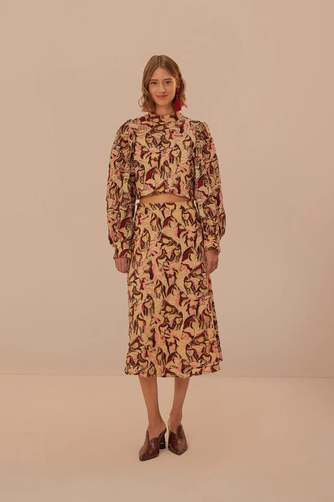 Cozy Movement Seasonal Drop Cream Horses Guipure Midi Skirt