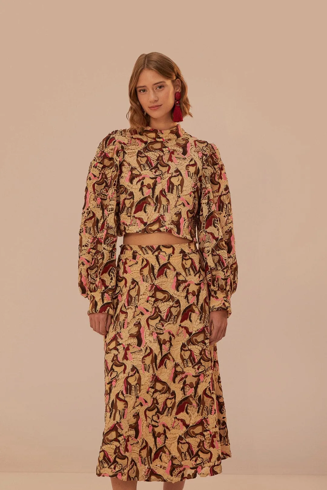 Cream Horses Guipure Midi Skirt Mini length Contoured Waist