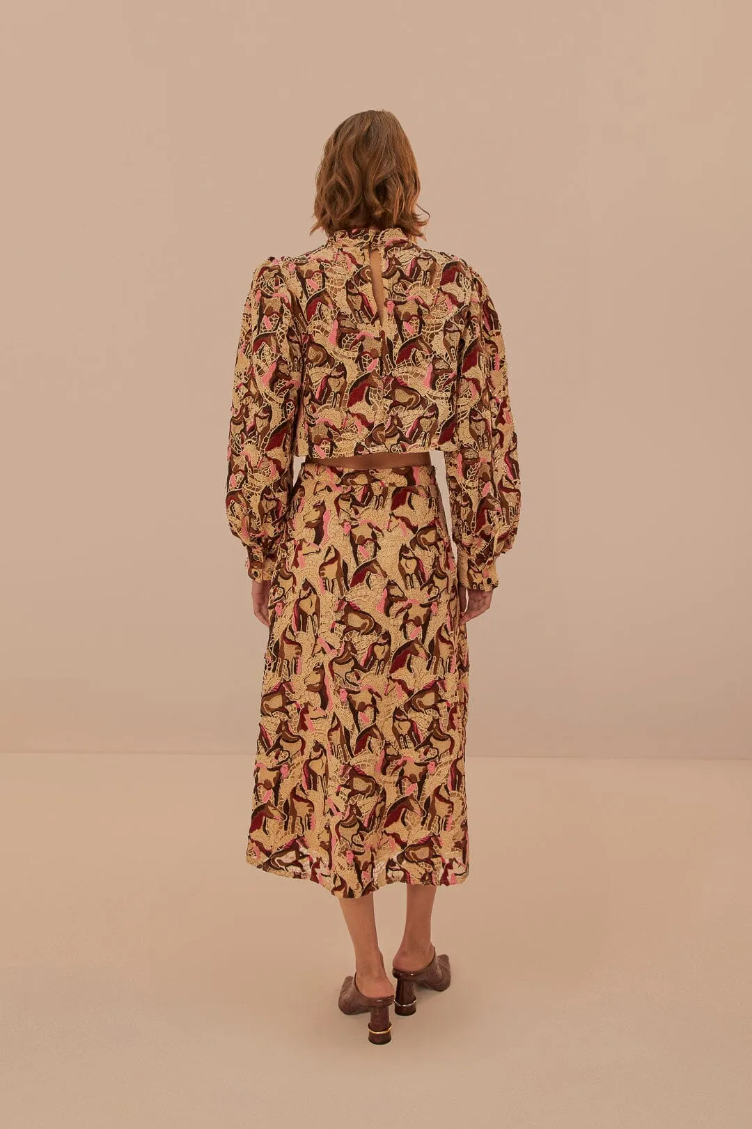 Double Layer Construction Cream Horses Guipure Midi Skirt