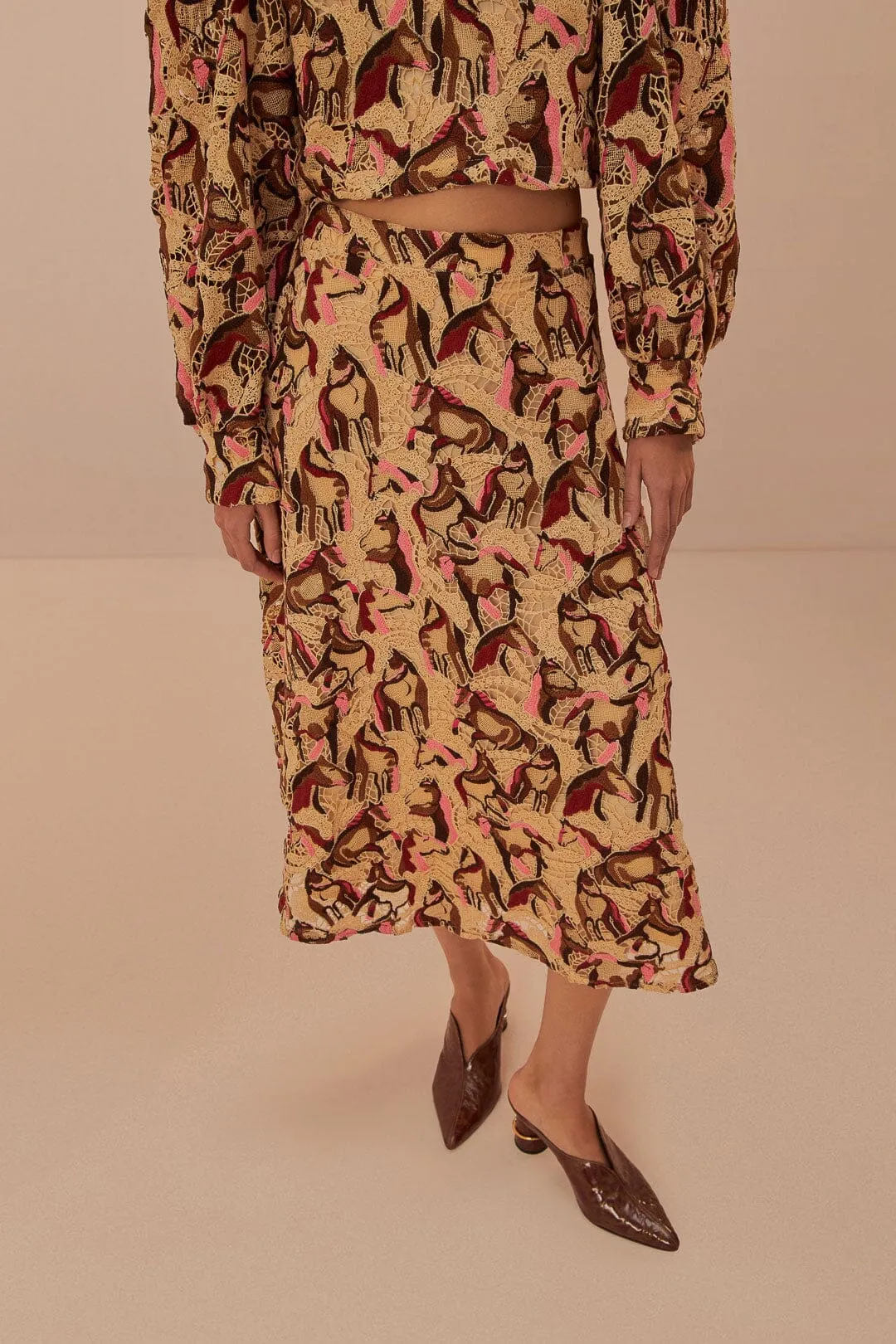 Layered Hem Cream Horses Guipure Midi Skirt