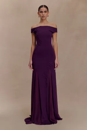 Nesta Embroidery Off Shoulder Knit Dress - Plum Cotton Skin Lightweight Fabric