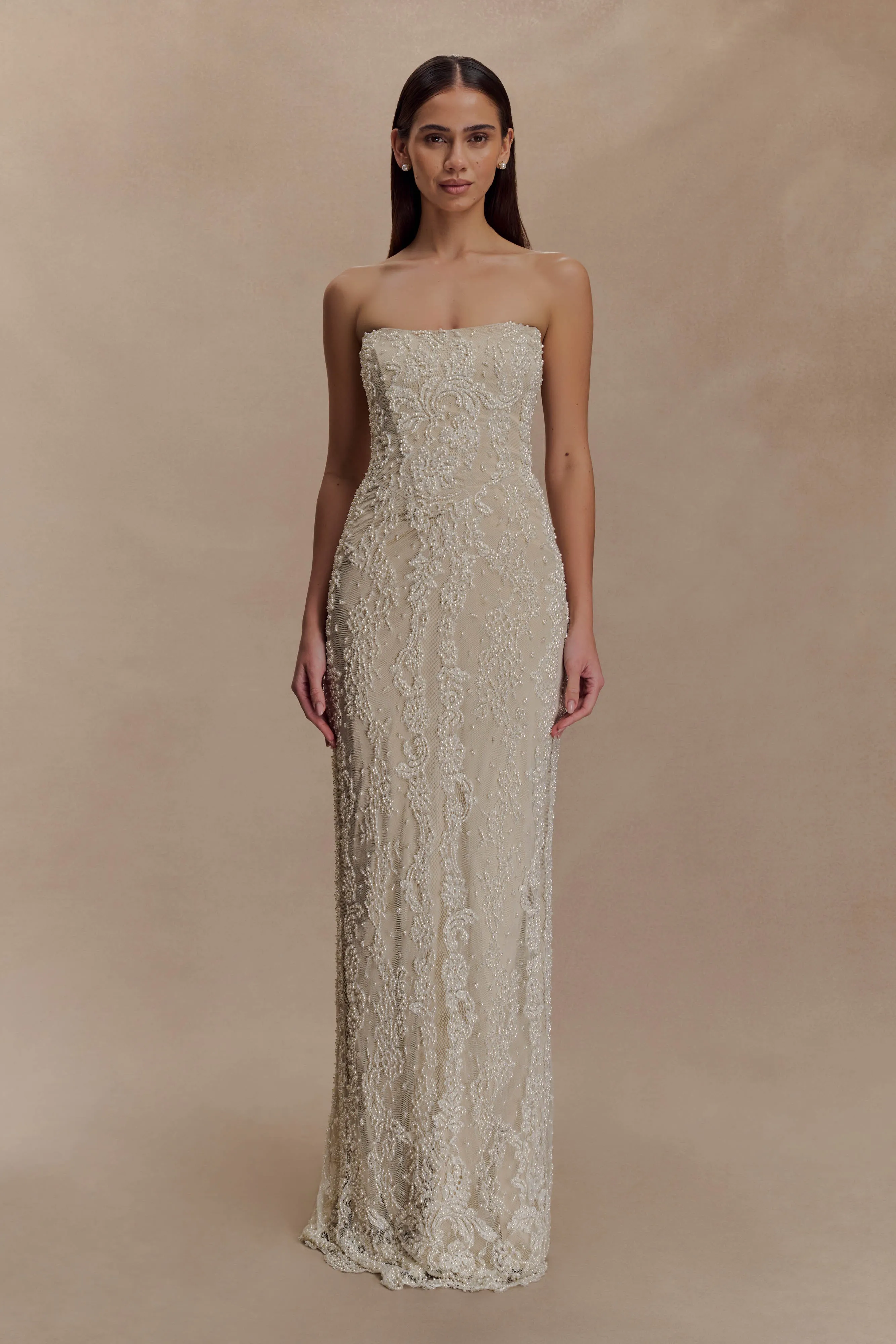 Minimalist-Style Basic Cool Eva Hand Beaded Pearl & Lace Maxi Dress - White