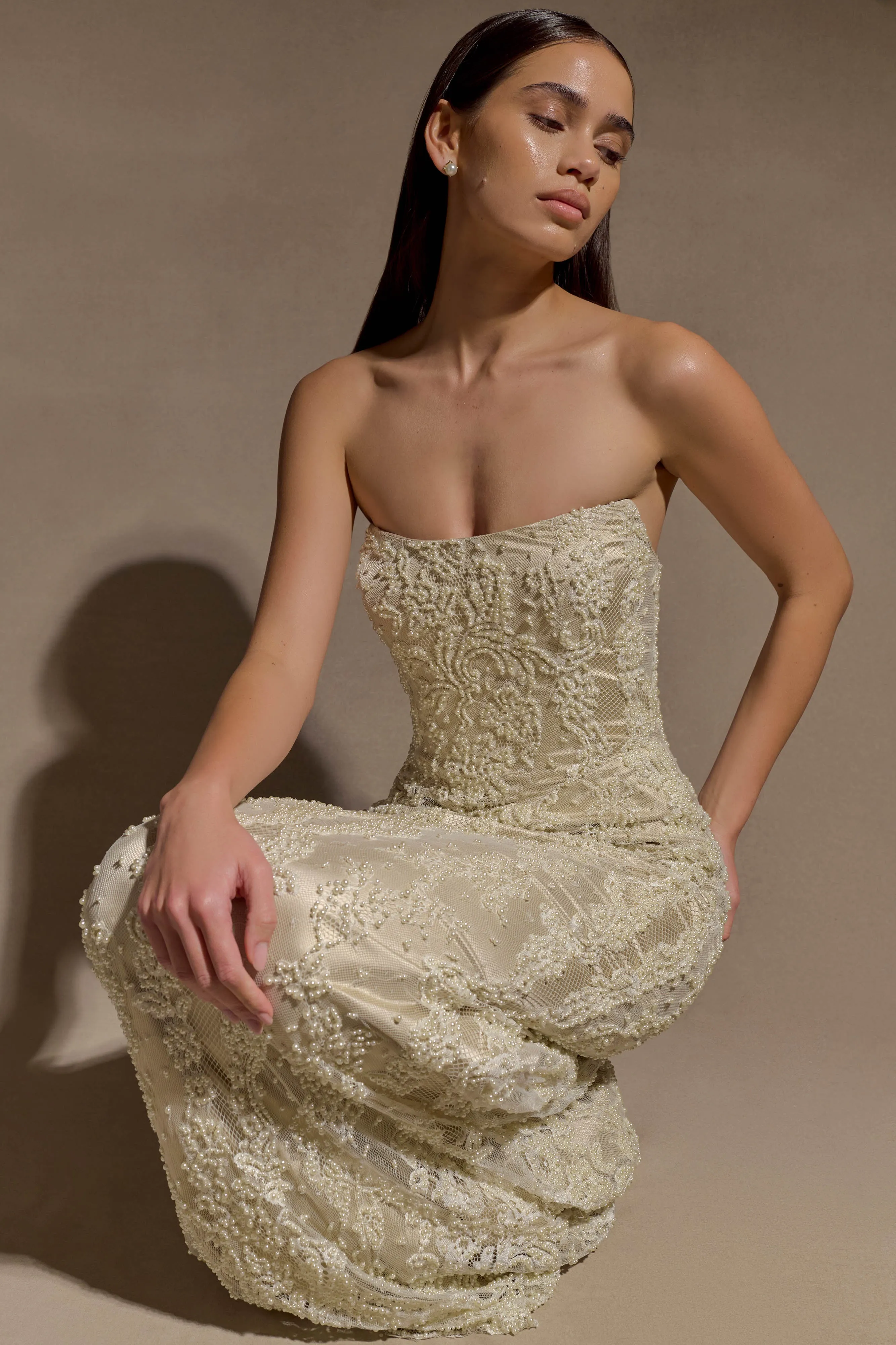 Eva Hand Beaded Pearl & Lace Maxi Dress - White V Neckline