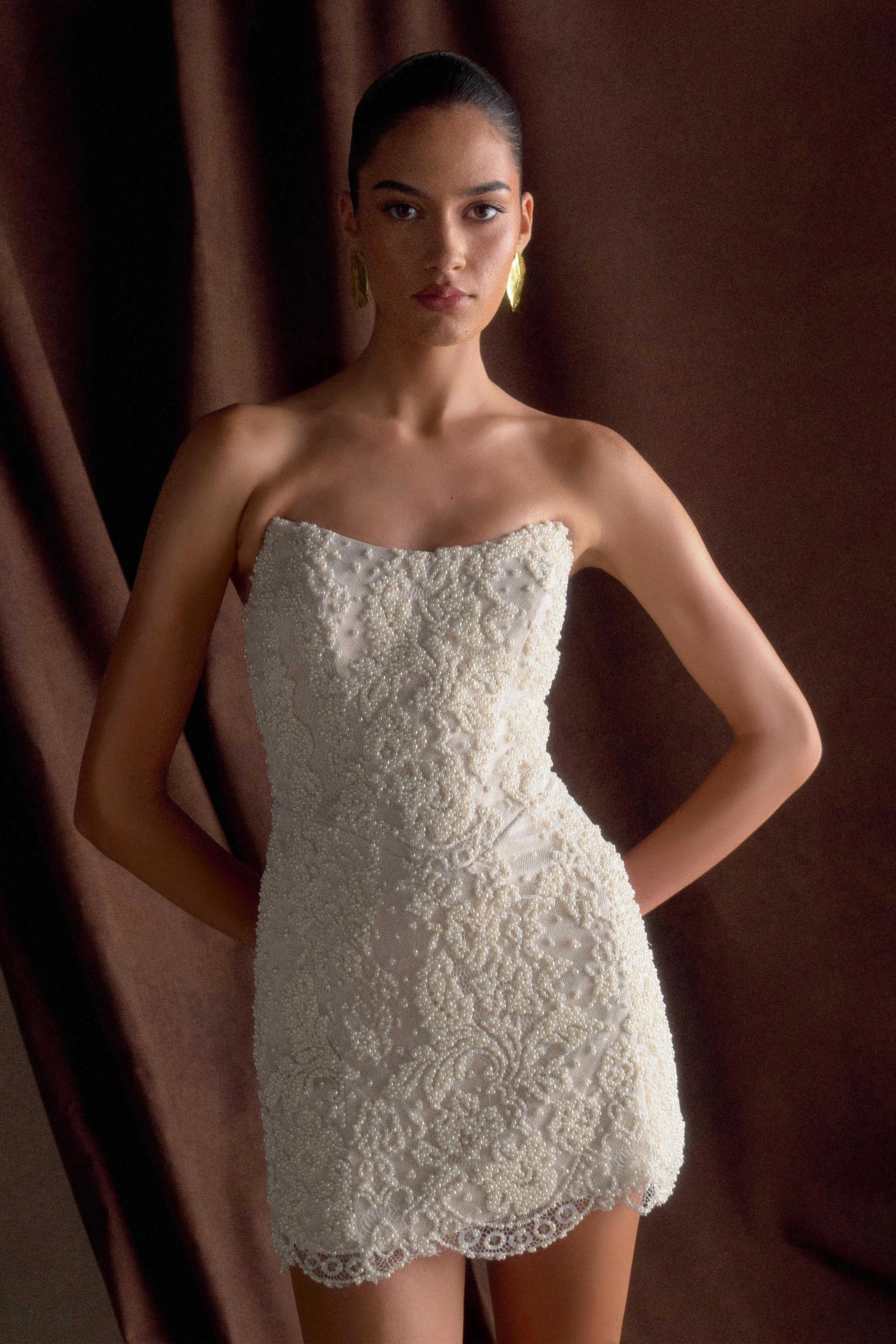 Eva Hand Beaded Pearl & Lace Mini Dress - White Subtle pattern Easy Elegance