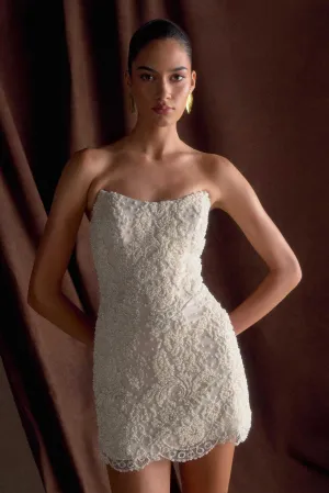 Eva Hand Beaded Pearl & Lace Mini Dress - White Subtle pattern Easy Elegance