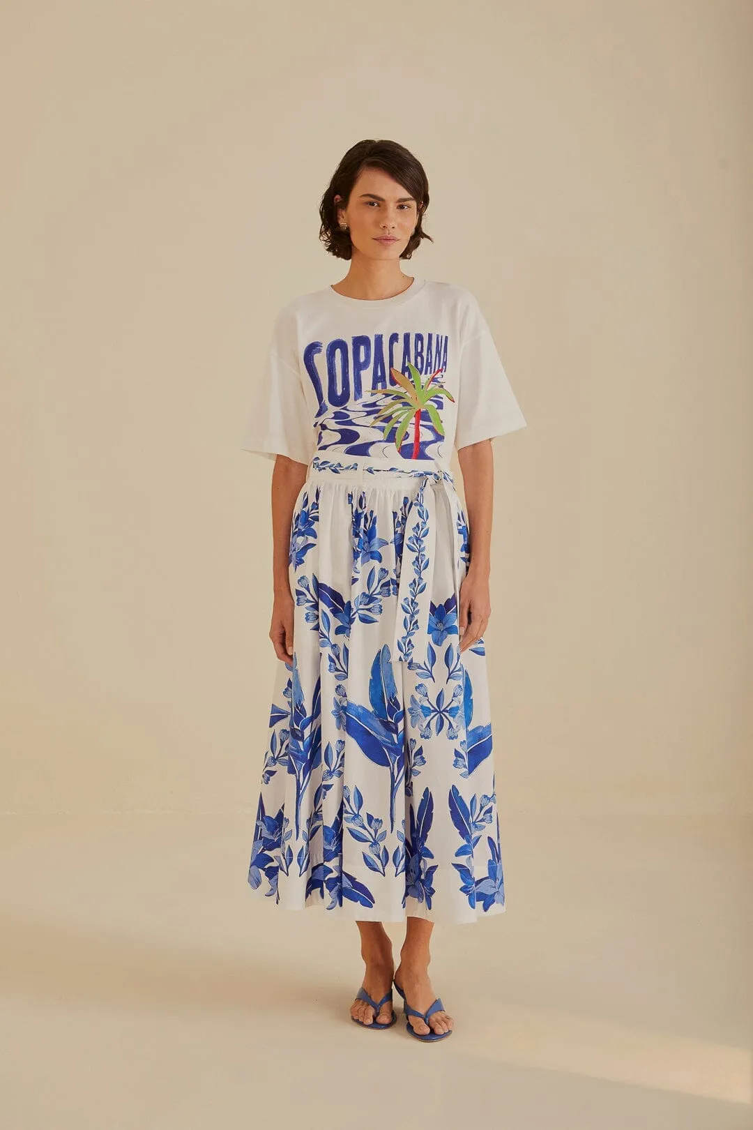 Tonal Look Synthetic Blend Off-White Blue Yard Organic Cotton Midi Skirt