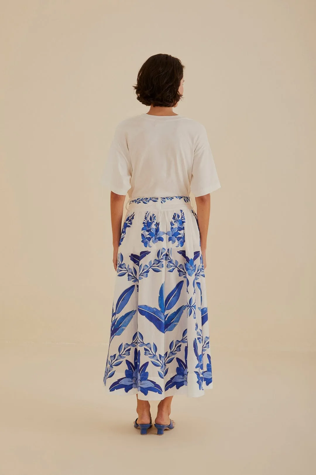 Fashion Pulse High Street Chic Off-White Blue Yard Organic Cotton Midi Skirt