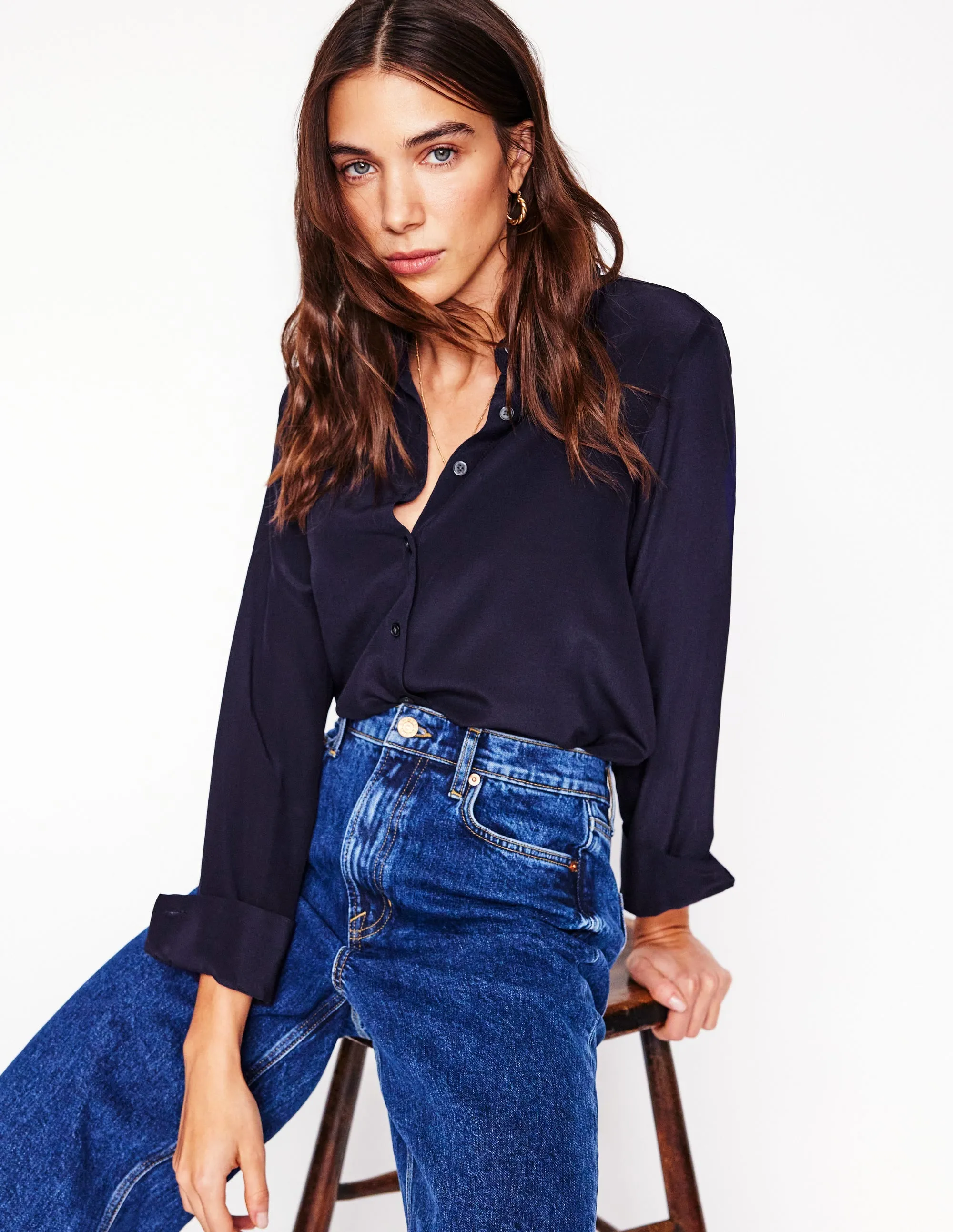 Trendy Fashion Customizable Sienna Silk Shirt-Navy