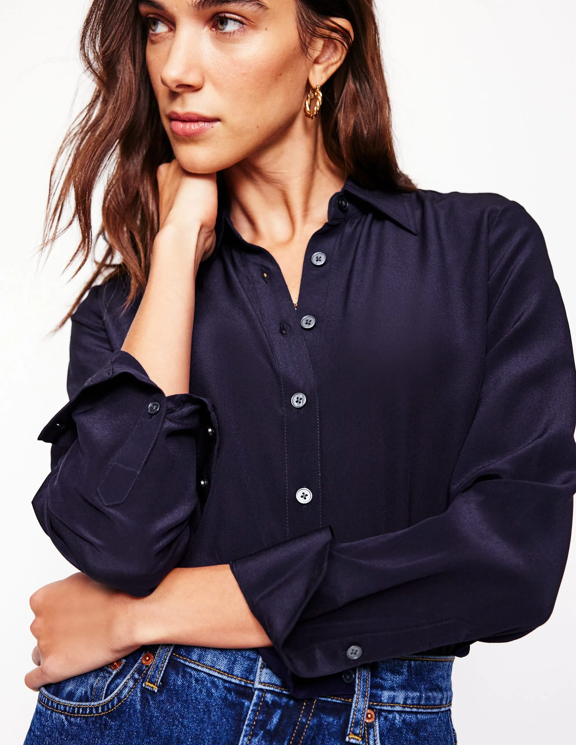 Sienna Silk Shirt-Navy Flexible Ribbed Cuffs