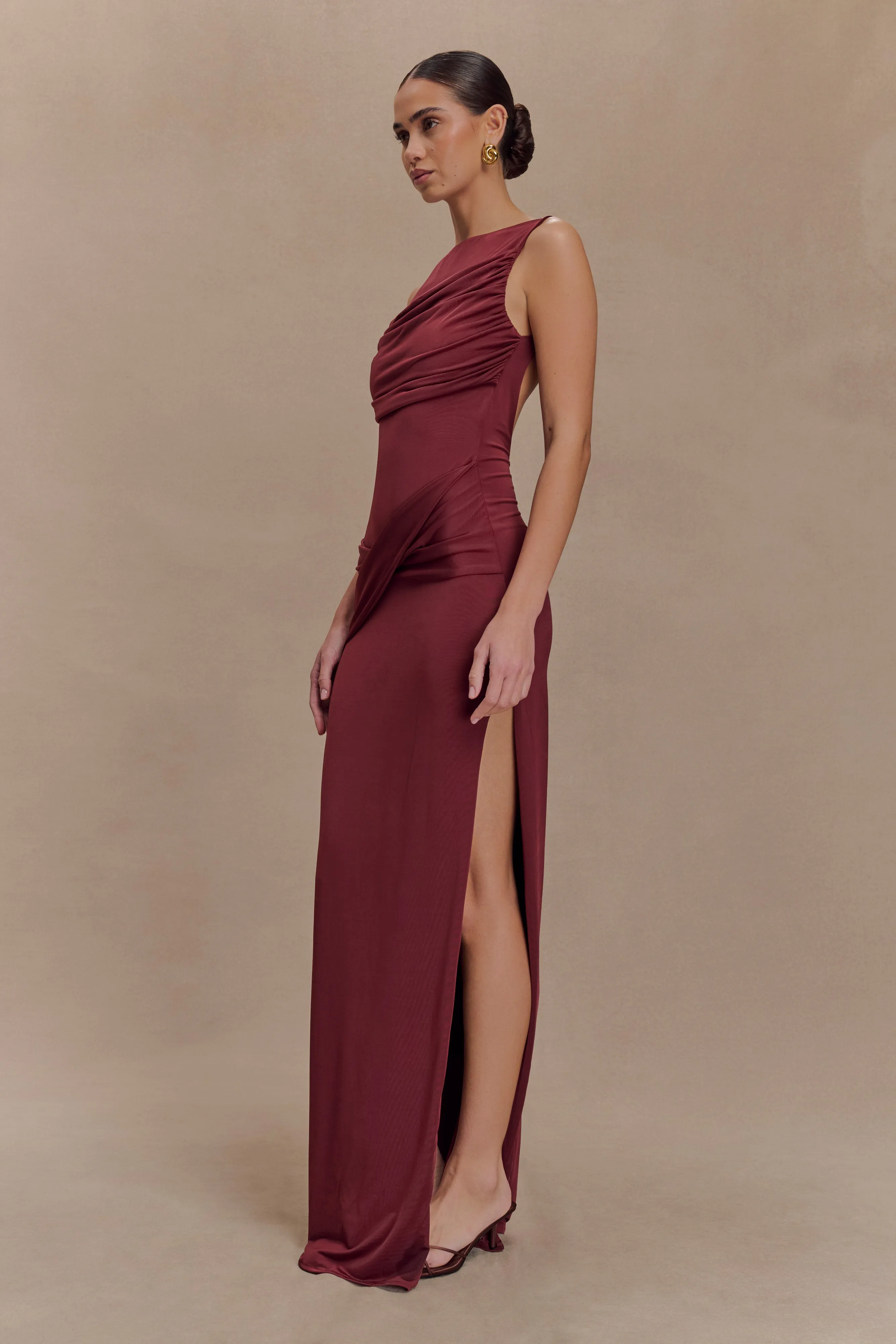 Henley Slinky Drape Maxi Dress - Wine Lounge Style Bow-Detail