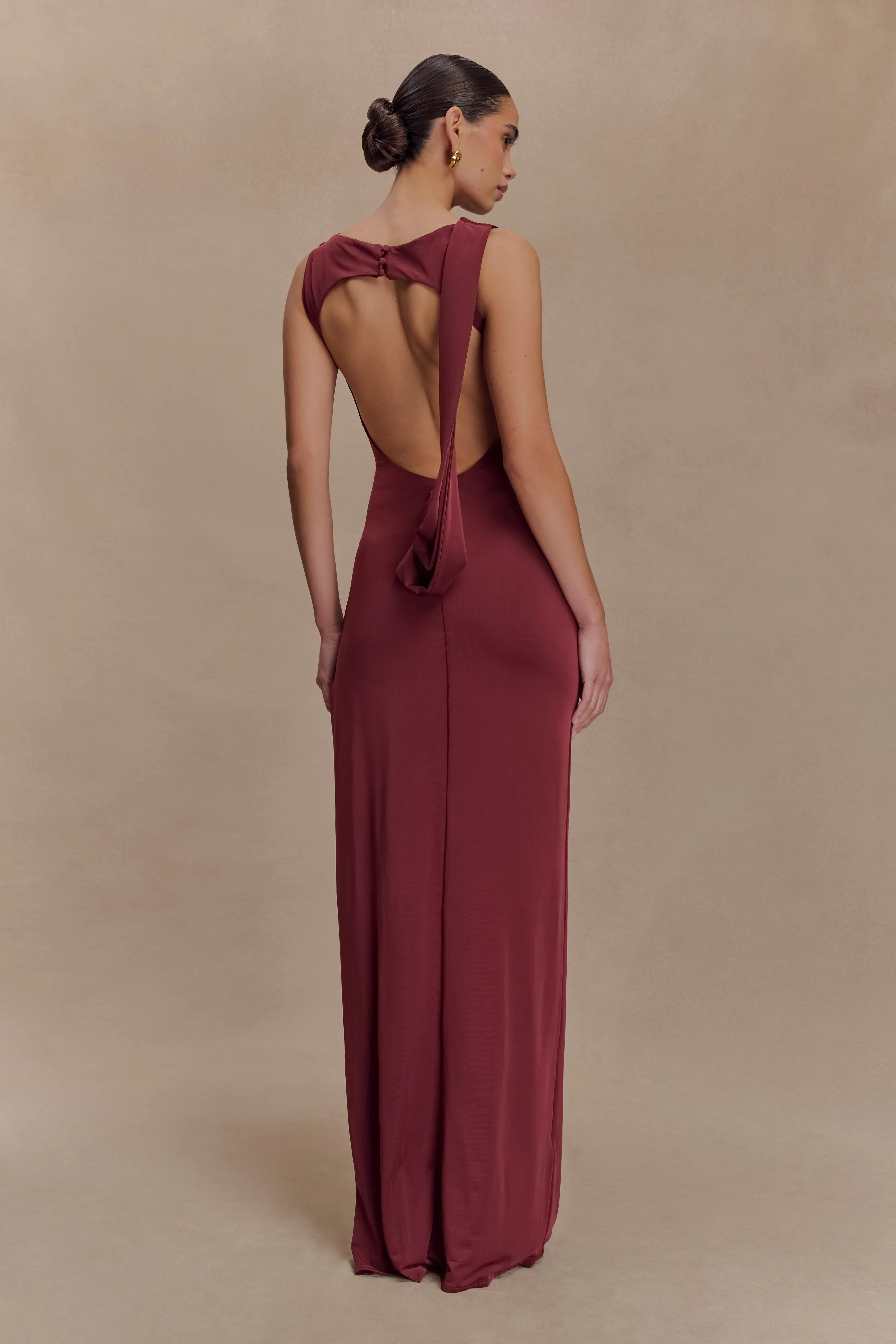 Vibrant Waist Fit Vibe Henley Slinky Drape Maxi Dress - Wine