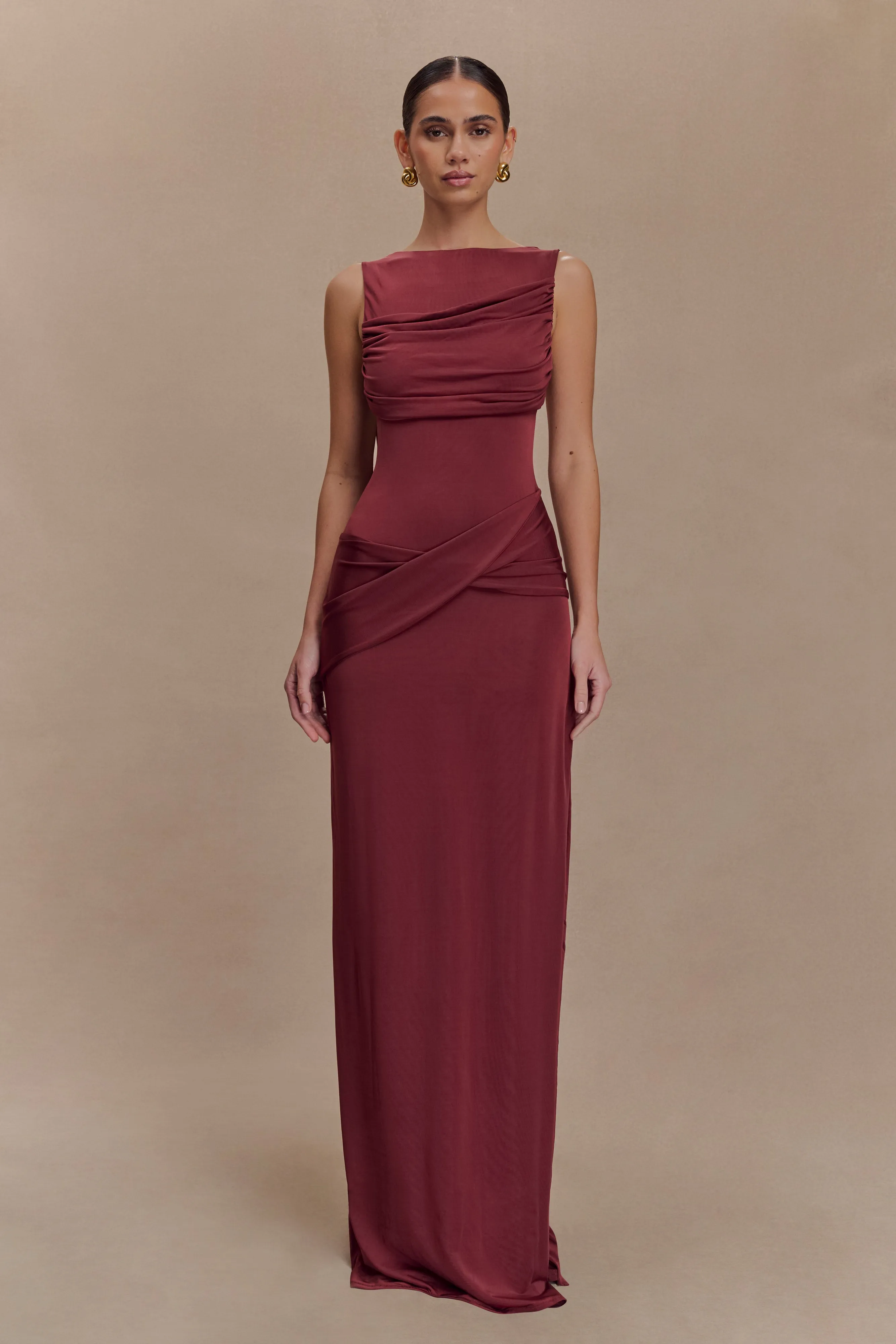 Henley Slinky Drape Maxi Dress - Wine NonIrritatingLining Sweetheart Cut