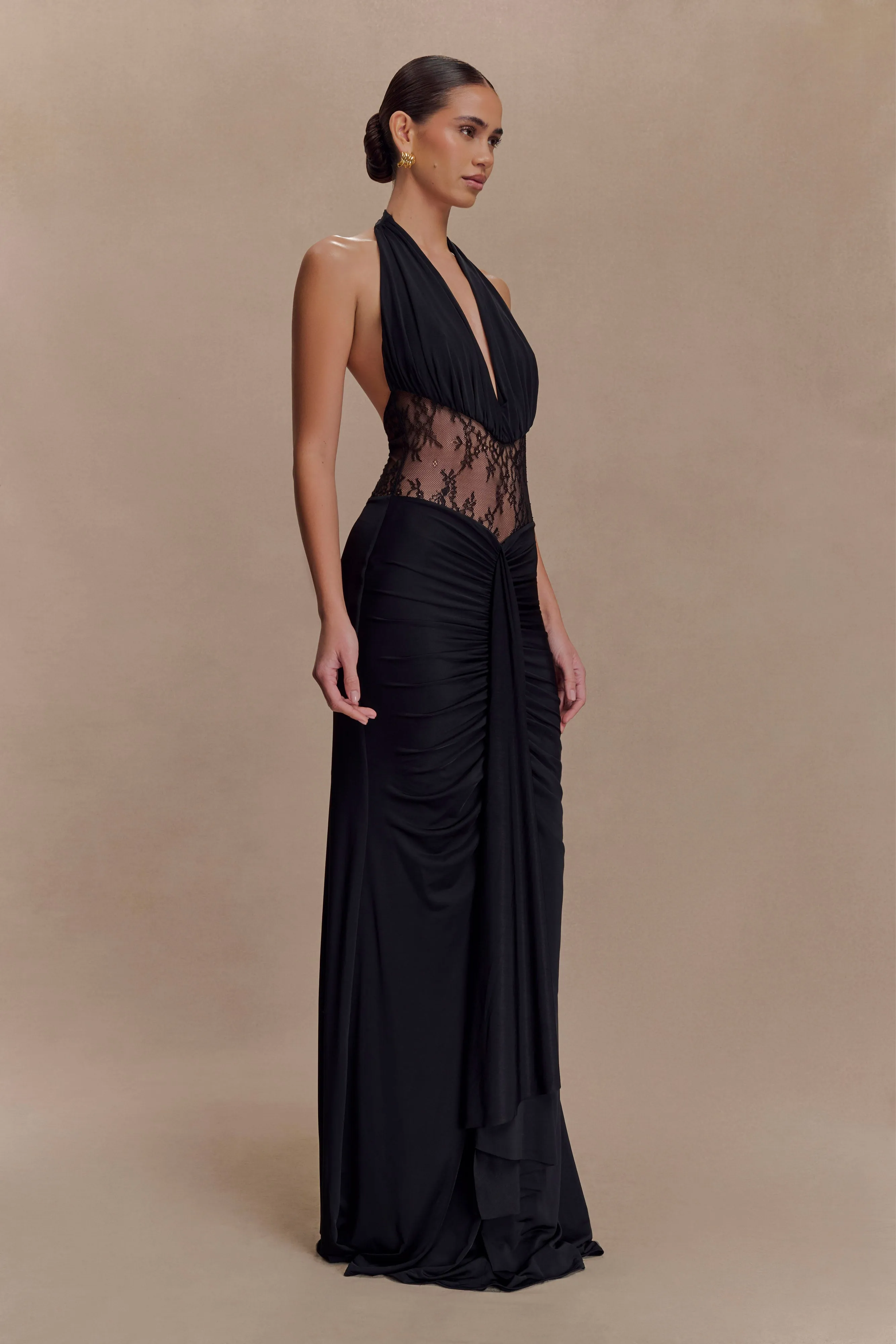 Work Vibes Bonnie Slinky And Lace Maxi Dress - Black