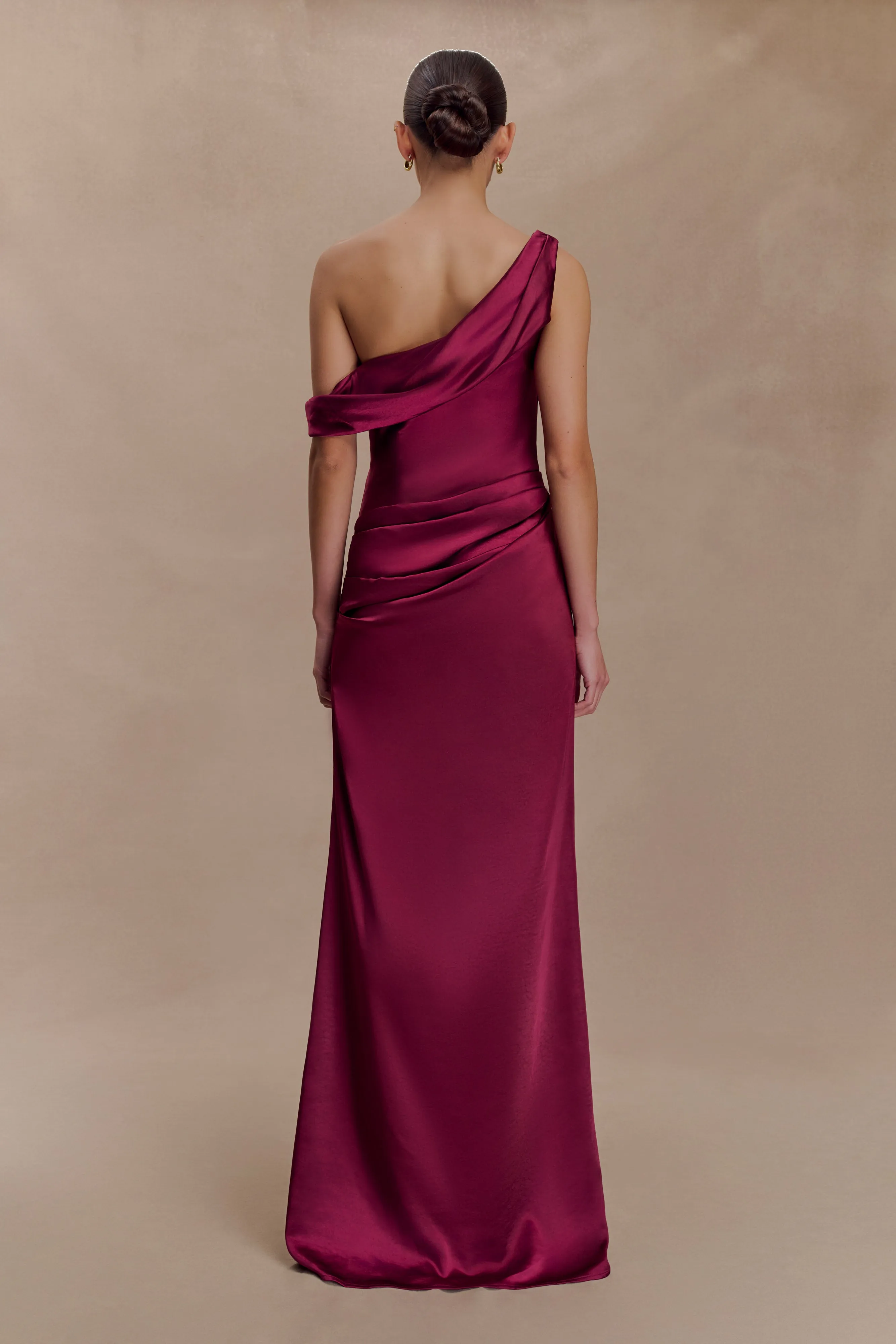 Dalia Off Shoulder Satin Maxi Dress - Mahogany Flutter-Sleeve