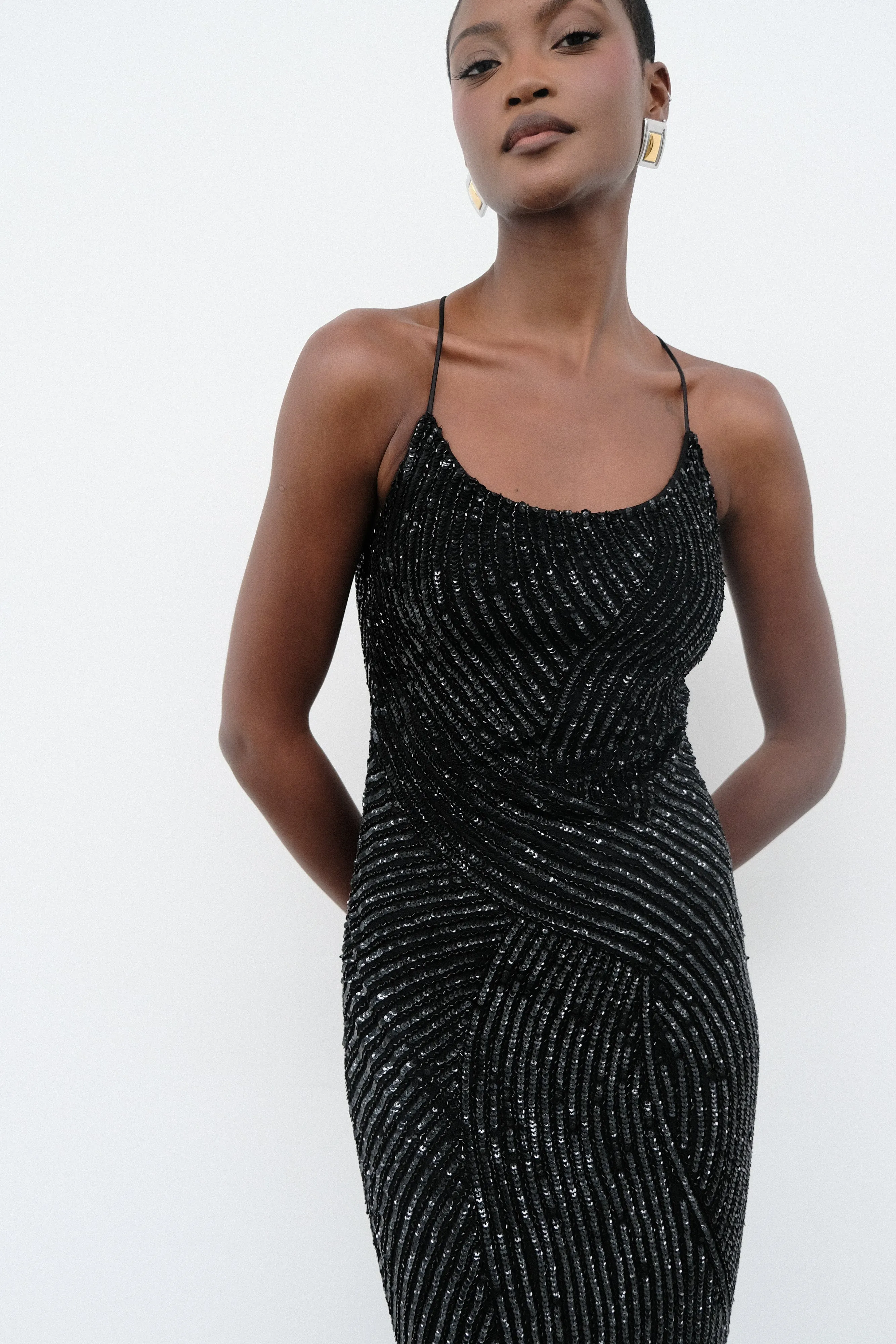 All Gender Fit Detachable-Detail Tierra Sequin Maxi Dress - Black