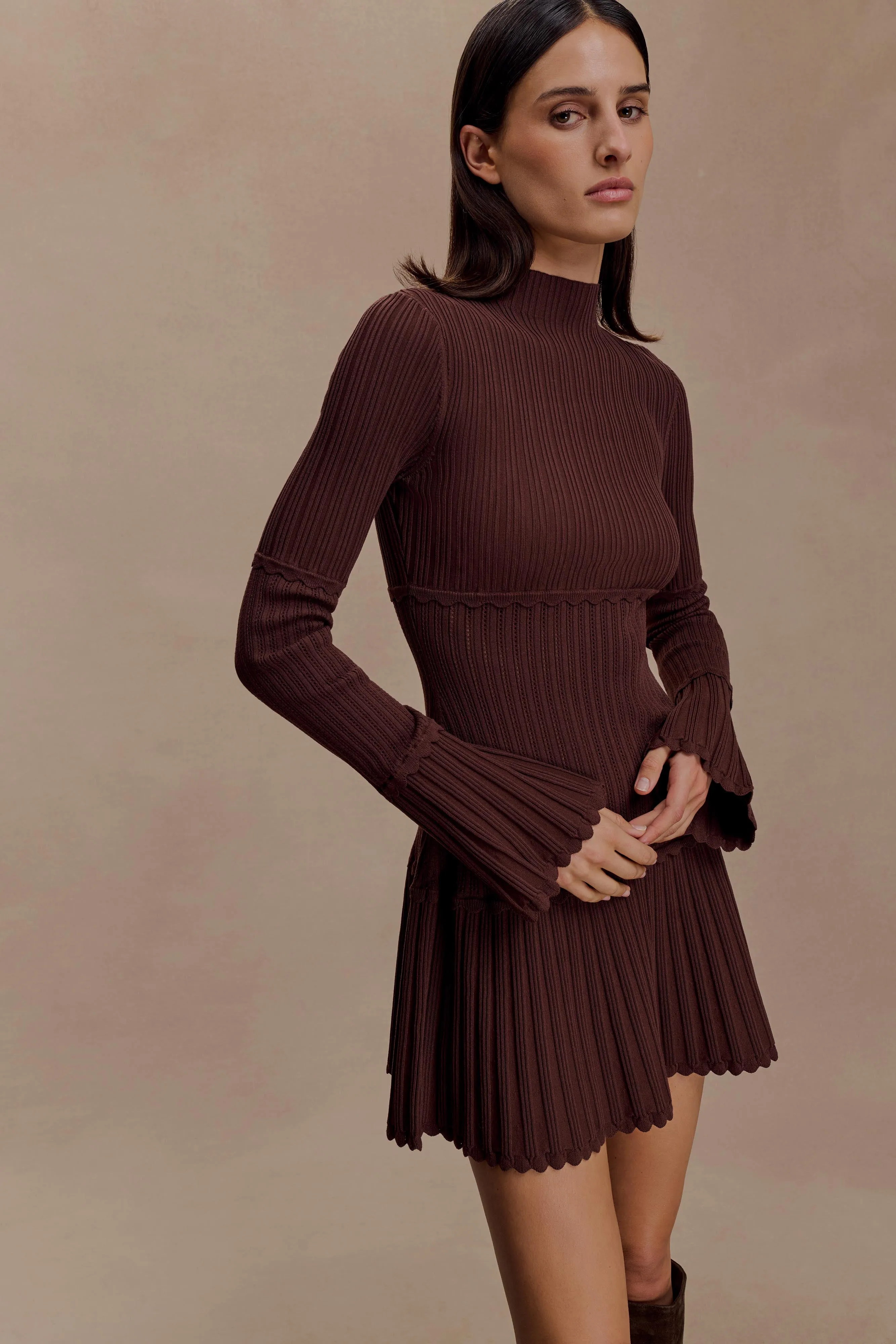 Work or Casual Elastic-Cuff Adena Pointelle Knit Mini Dress - Chocolate