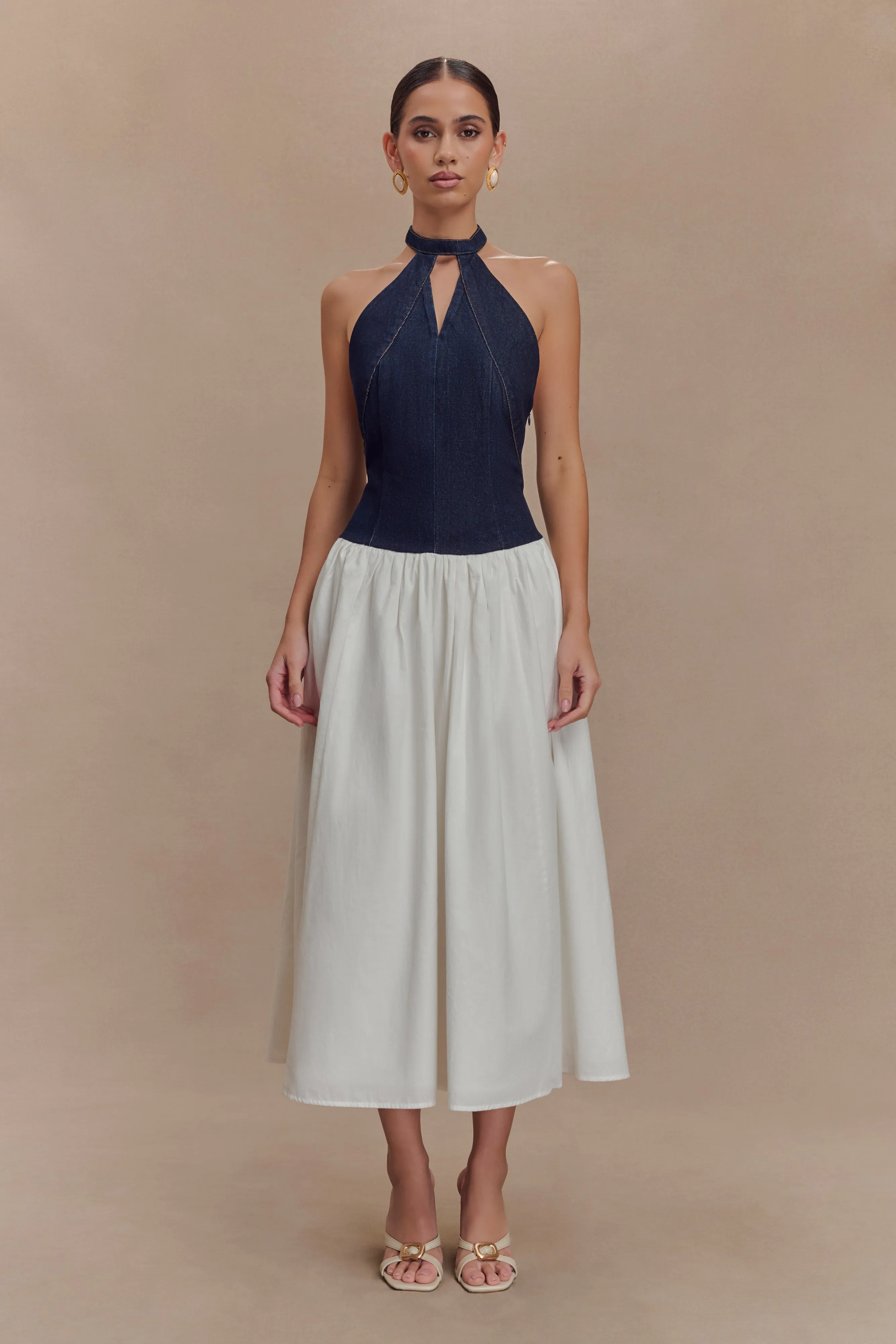 Ashwin Denim Cotton Midi Dress - Indigo Blue Perfectly Fitted Floral Comfort