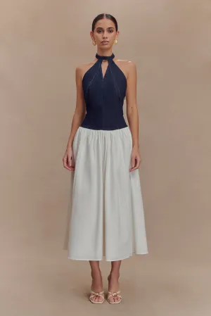 Ashwin Denim Cotton Midi Dress - Indigo Blue Perfectly Fitted Floral Comfort