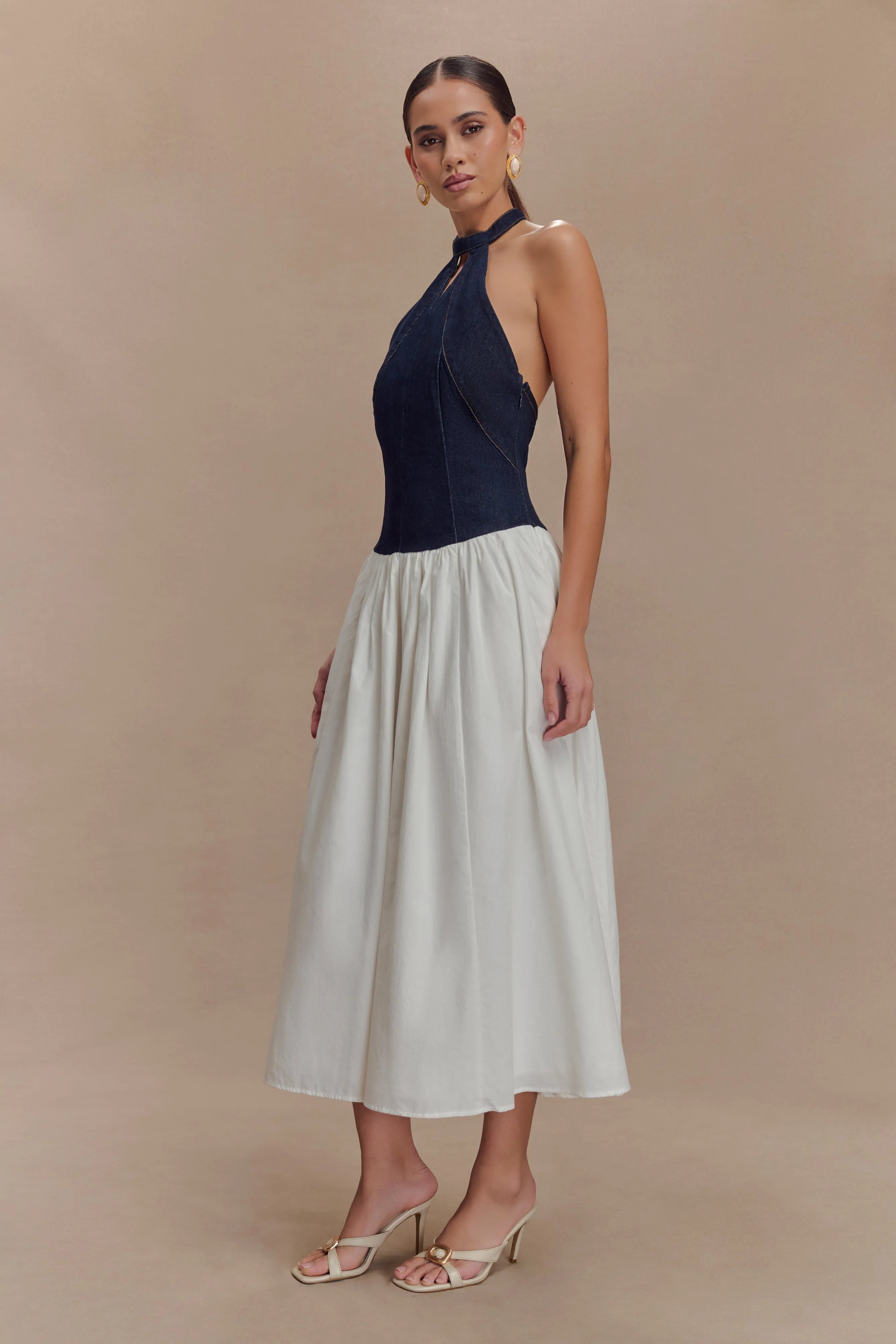 Ashwin Denim Cotton Midi Dress - Indigo Blue Cozy Design