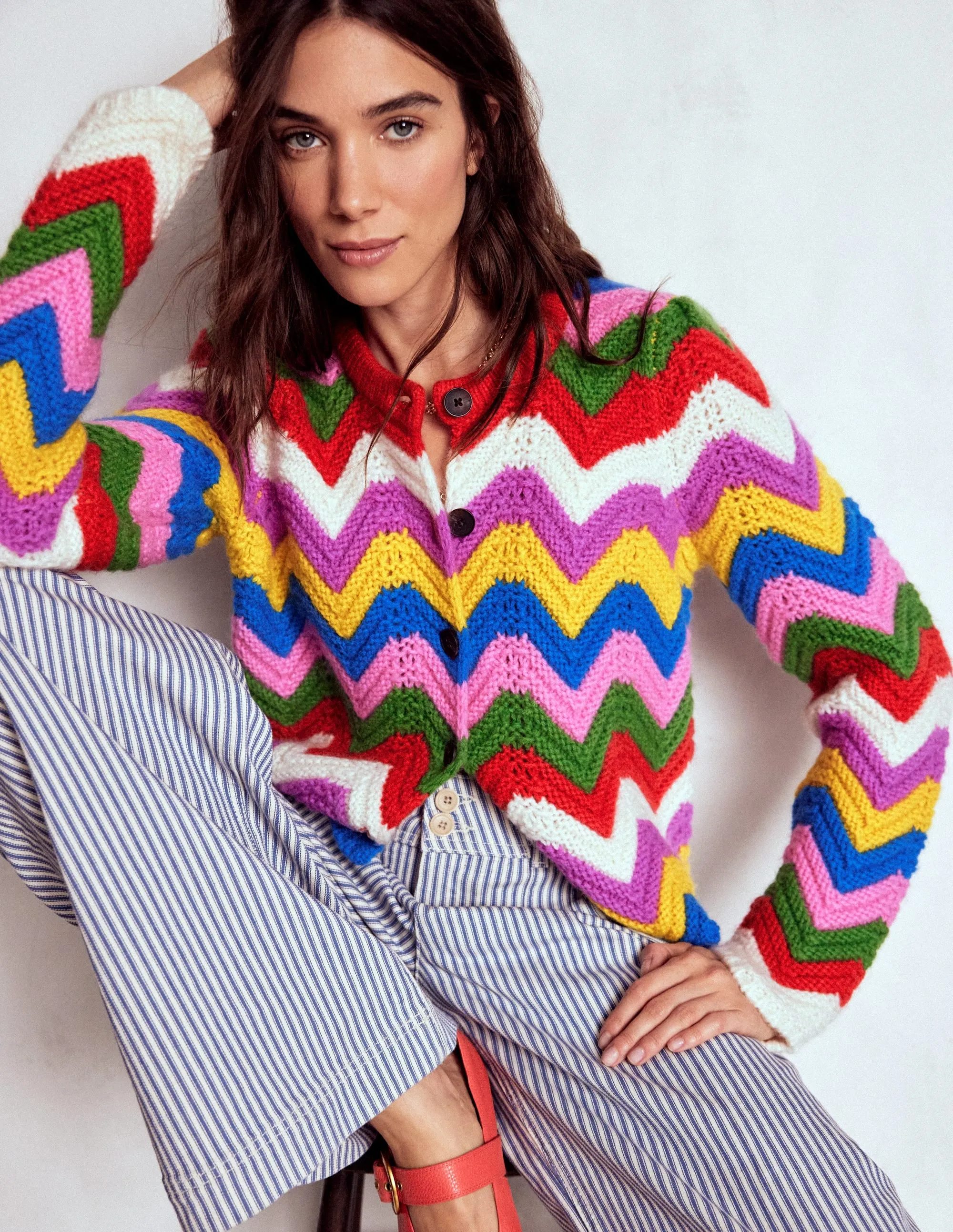 Smart Fit Gradient Colorfast Dye Chunky Chevron Knitted Jacket-Multi, Zig Zag
