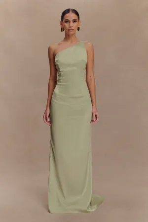 Sleek Waistband Harper One Shoulder Gown - Sage