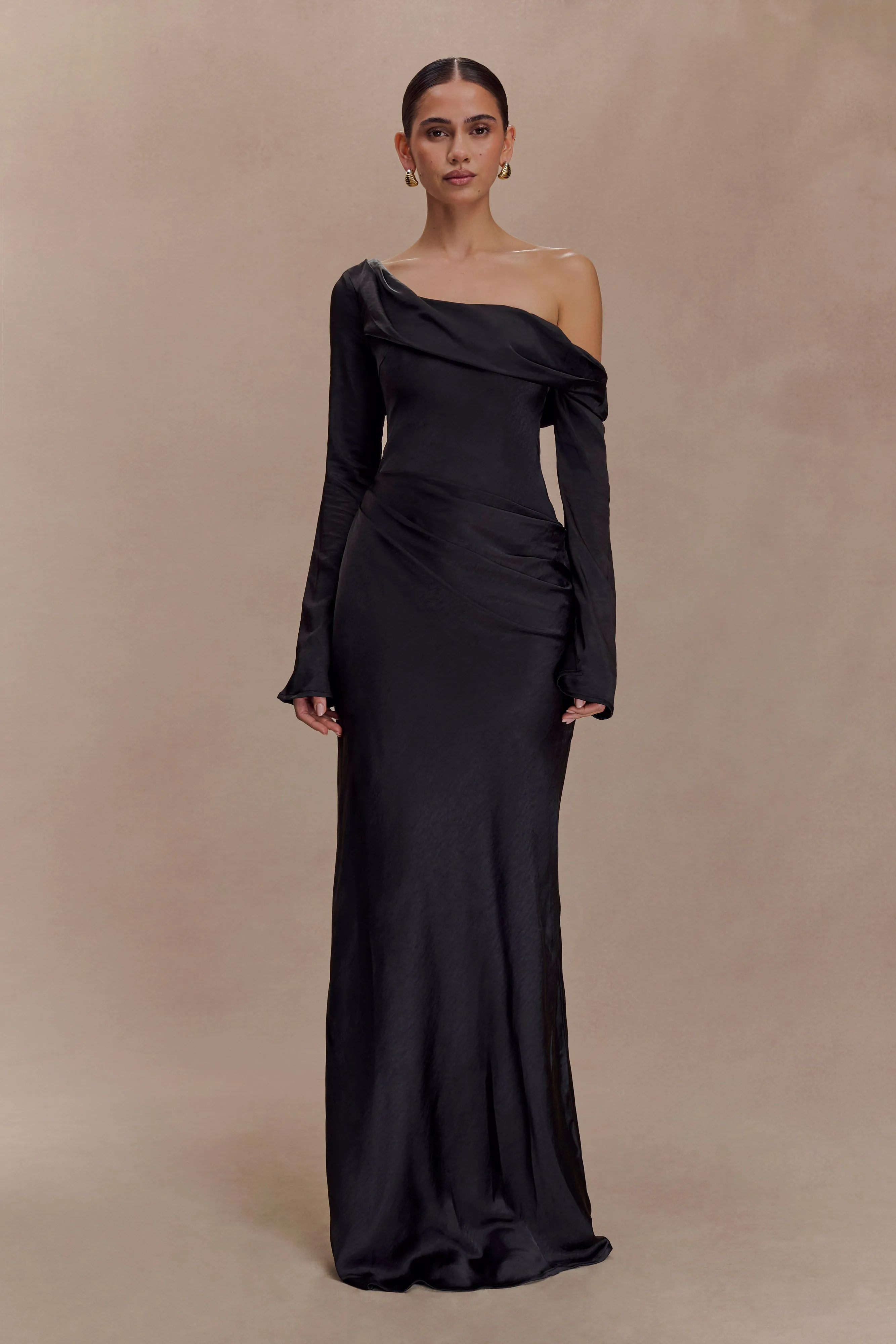 Iris Long Sleeve Satin Maxi Dress - Black Stay Cool Soft Waist