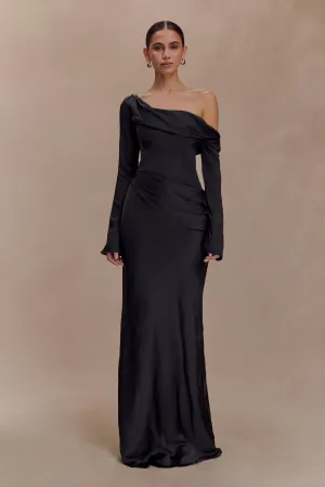 Iris Long Sleeve Satin Maxi Dress - Black Stay Cool Soft Waist