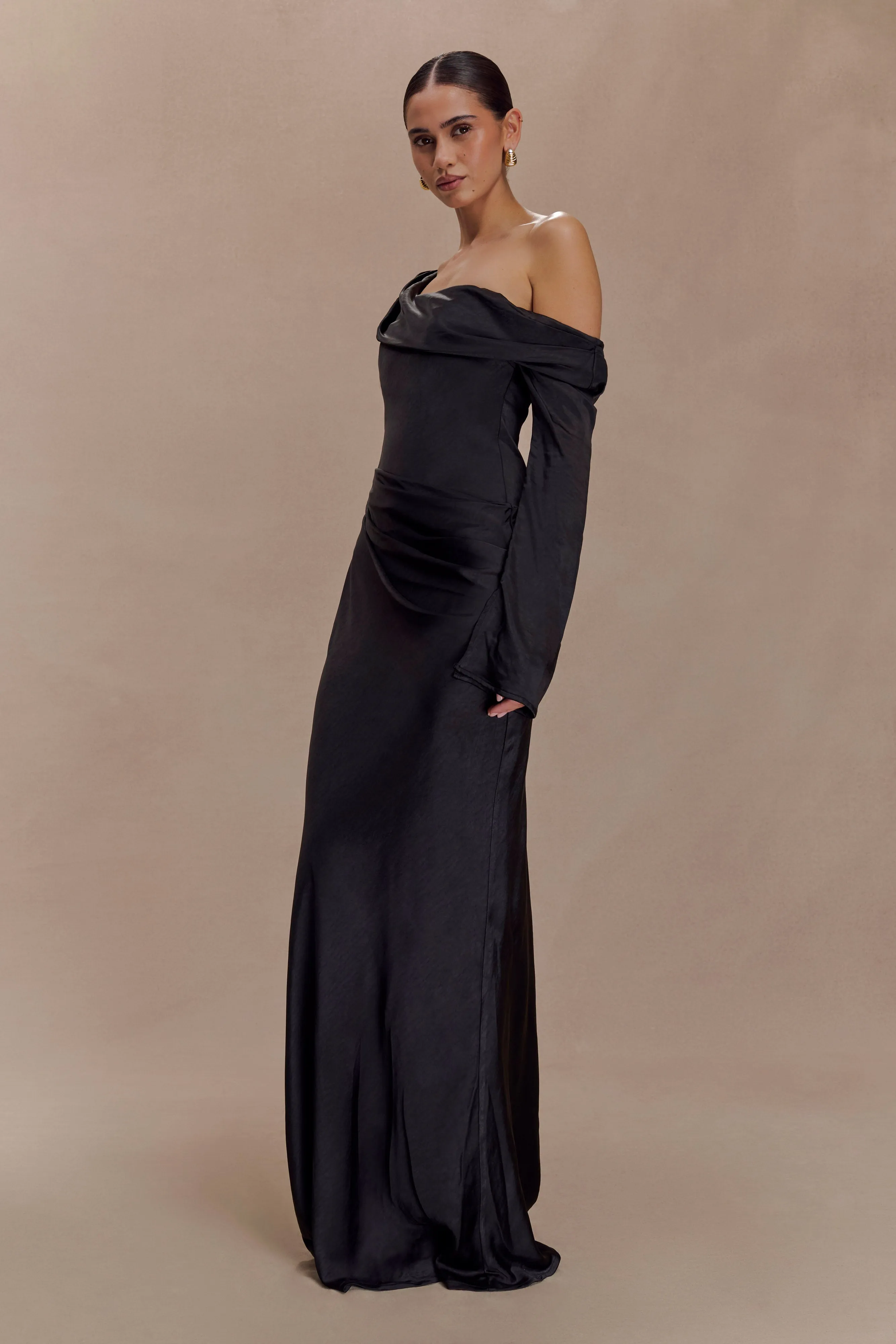 Iris Long Sleeve Satin Maxi Dress - Black Summer Soft Brunch Glow